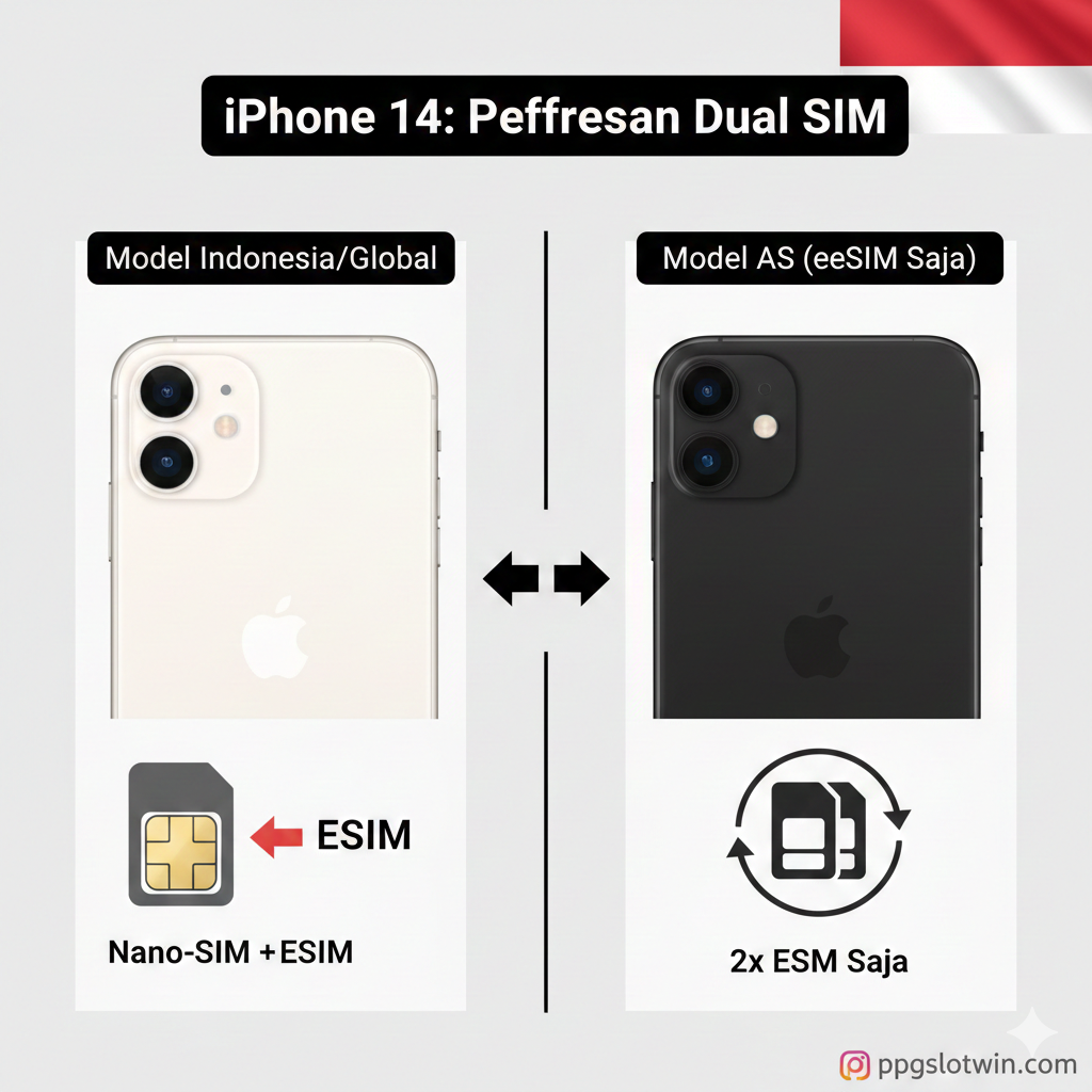 一张对比图,用于说明iPhone 14的Dual SIM功能和型号差异。画面被分为左右两部分,左侧是'Model Indonesia/Global',展示一个带有SIM卡托盘开口的iPhone 14侧视图;右侧是'Model AS (eSIM Only)',展示一个侧面完全平滑、没有开口的iPhone 14。中间用一个醒目的大图标'Nano-SIM + eSIM'和'2x eSIM Only'进行标识。整体设计简洁、信息图风格(Infographic Style),使用印度尼西亚国旗的红白配色作为点缀,加强本地化关联。