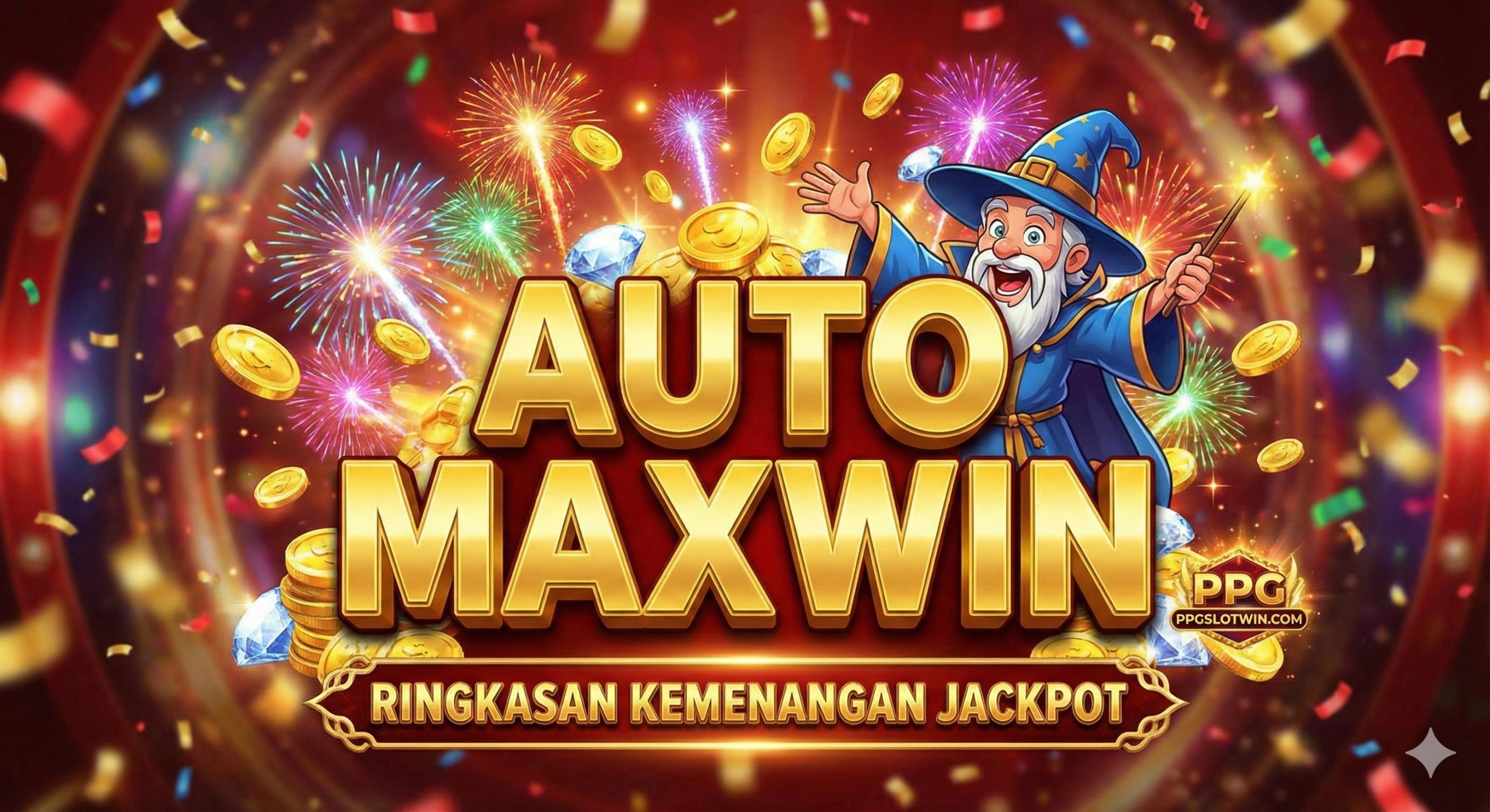 充满庆祝氛围的总结图，描绘Maxwin大奖时刻。画面中心爆炸式地喷发出大量金币和钻石，伴随着五彩斑斓的魔法烟花。巨大的金色3D立体文字“AUTO MAXWIN”占据视觉中心。一位卡通风格的巫师角色（游戏吉祥物）手持魔杖，表情兴奋地指着大奖。整体色调为喜庆的红色和金色，极具感染力，激发玩家立即在该平台注册的欲望。