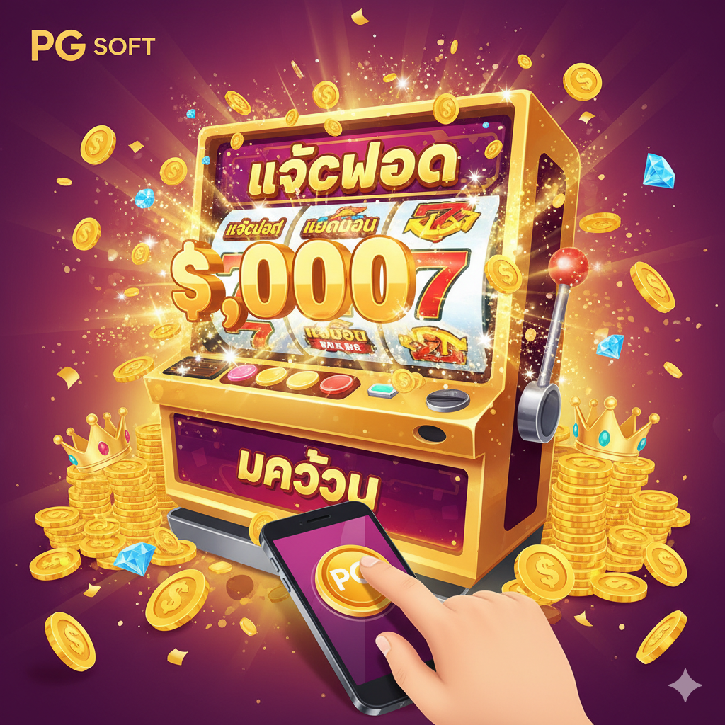 以深蓝色或紫色为主色调的豪华且高科技感的背景，中央醒目地展示着Jili Slot 777的经典老虎机界面，屏幕上是3个闪烁的“7”，象征大奖。在界面的左右两侧分别有金色的“LOGIN”和绿色的“REGISTER”按钮，并配有泰语“สมัครสมาชิก”และ“เข้าสู่ระบบ”。下方有一个小小的ppgslotwin.com的金色标志。整体风格应是引人入inสู่，充满赢钱氛围，强调“在线24小时”และ“即时”的概念，使用霓虹灯和金属质感元素。