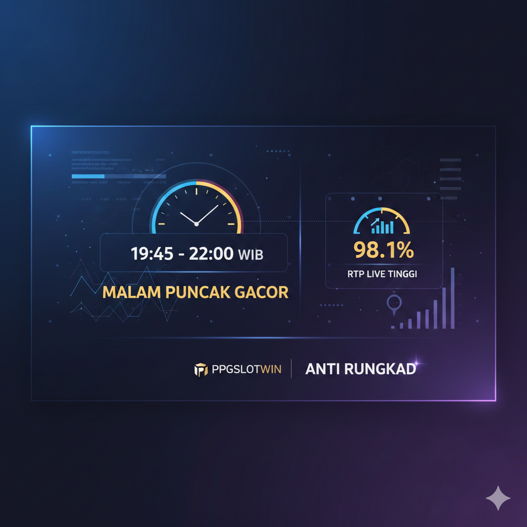 Infografis sederhana yang menyoroti keunggulan bermain di PPGSLOTWIN, berfokus pada 'Jam Gacor' dan 'RTP Live'. Tampilkan sebuah jam besar yang menunjuk ke waktu '19:45 - 22:00 WIB' dengan label 'MALAM PUNCAK GACOR', dan di sebelahnya ada ikon bar chart atau meteran persentase dengan angka '98.1%' (RTP) yang tinggi. Gunakan latar belakang yang kontras dan profesional. Di bagian bawah, tambahkan logo PPGSLOTWIN dan frasa 'Anti Rungkad' untuk memperkuat kepercayaan. Gaya desain harus menyerupai dashboard data, kredibel, dan modern.