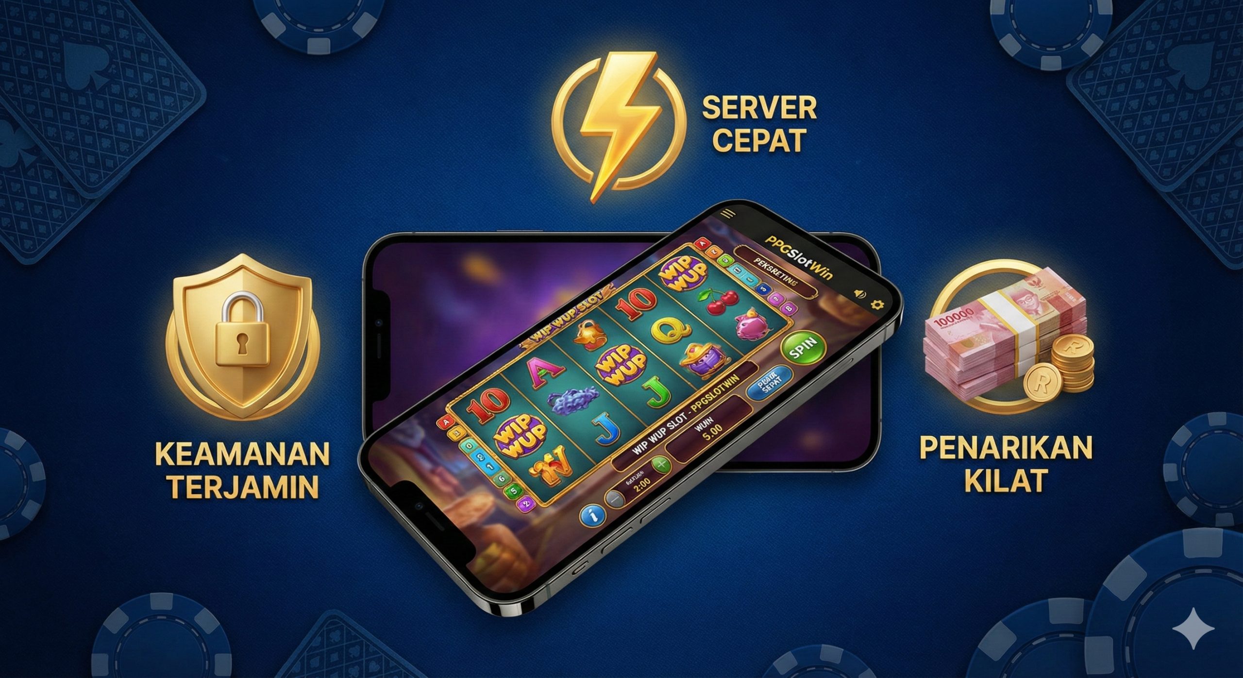 展示平台优势的合成图。中心是一部智能手机，屏幕上清晰显示着PPGSlotWin网站上Wip Wup游戏的运行画面，流畅无卡顿。手机周围环绕着3D图标：金色的盾牌（代表安全）、闪电（代表服务器快速响应）和印尼盾（IDR）钞票堆（代表提现快）。背景是奢华的深蓝色赌场纹理，传达出专业、稳定和值得信赖的品牌形象。
