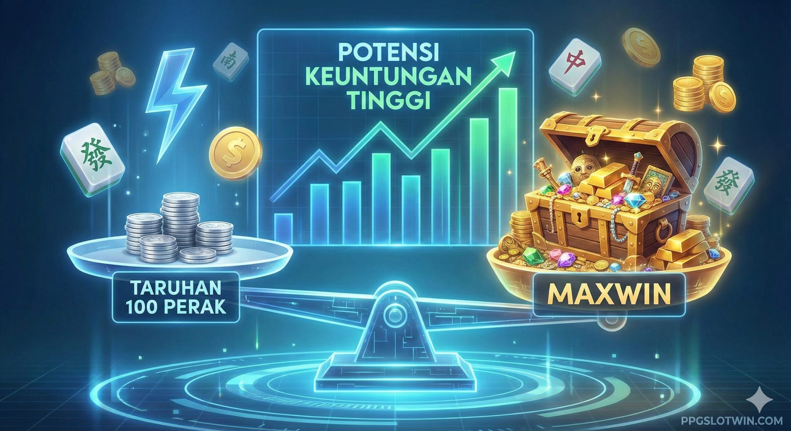 A conceptual graphic contrasting a small stack of silver coins (representing the 100 perak bet) on one side of a balance scale, and a massive treasure chest overflowing with gold and gems (representing Maxwin) on the other side. A holographic chart in the background shows a rising trend line. Symbols of popular games like Zeus's lightning or Mahjong tiles are floating subtly in the air, highlighting the high return potential of low betting strategies.