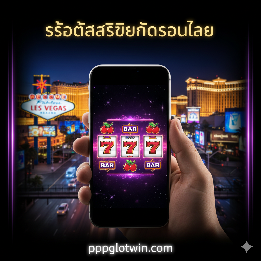 ภาพปกแนวตั้ง (Portrait) ที่ดึงดูดสายตาด้วยการรวมองค์ประกอบของลาสเวกัสและสล็อตออนไลน์เข้าด้วยกัน ด้านหน้าเป็นภาพมือถือที่กำลังแสดงหน้าจอเกมสล็อตแมชชีนสไตล์คลาสสิก (777, BAR, Cherry) ที่มีแสงไฟนีออนสีม่วง/ทองอร่ามเรืองรอง พื้นหลังเบลอเป็นภาพทิวทัศน์ยามค่ำคืนของ Las Vegas Strip ที่มีป้ายไฟคาสิโนเด่นชัด เช่น Welcome to Fabulous Las Vegas Sign หรือ Caesars Palace เน้นสีดำ, ทอง, และนีออนสีสดใส ให้ความรู้สึกหรูหรา ตื่นเต้น และทันสมัย สื่อถึงการยก Vegas มาไว้ในมือถือเพื่อเล่น 'las vegas slot machines online'