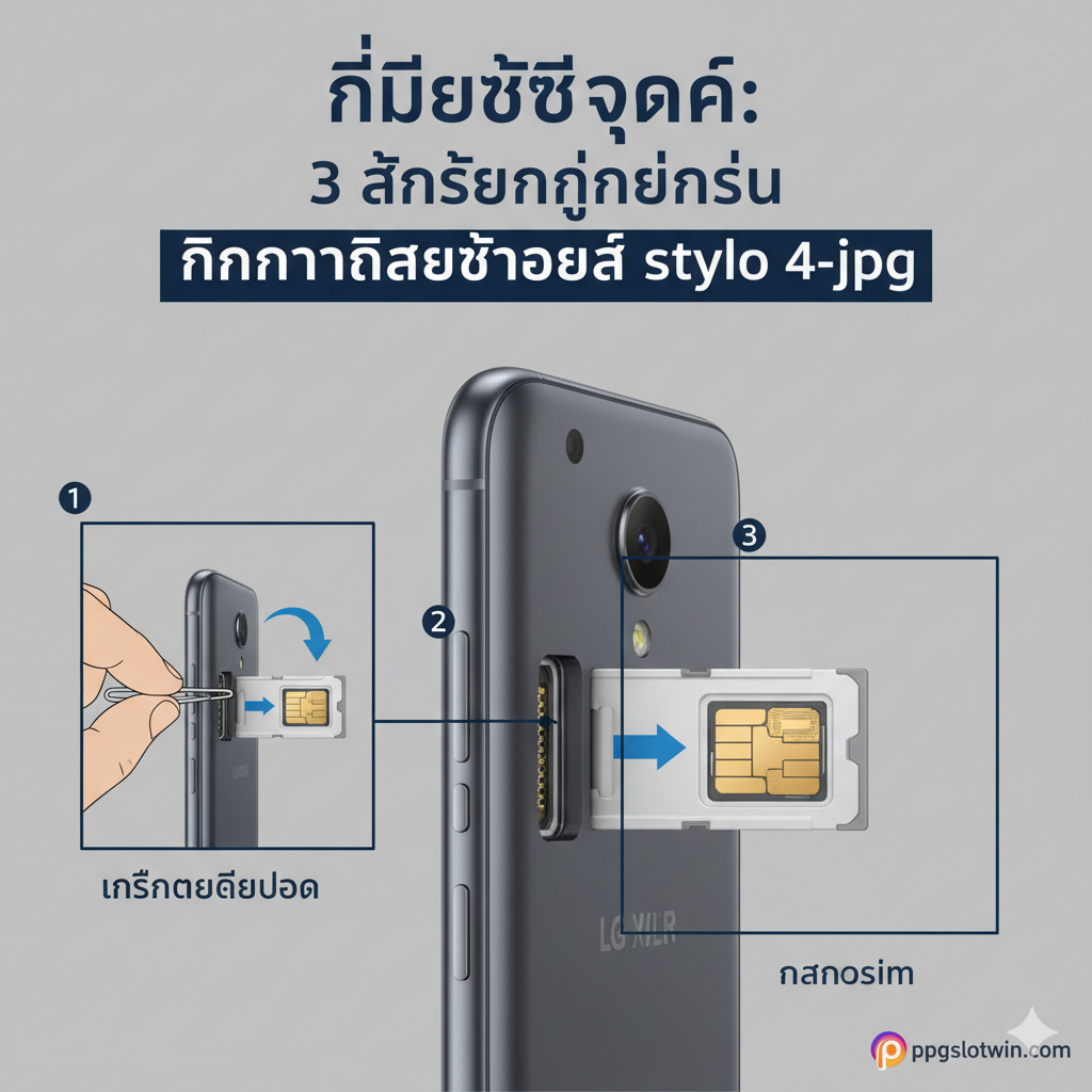 ภาพประกอบส่วน 'Quick Fix: สรุป 3 ขั้นตอนง่ายๆ ในการจัดการ Sim Card Slot ของ LG Stylo 4' แสดงขั้นตอนทางเทคนิคอย่างง่ายและชัดเจน โทนสีเน้นความน่าเชื่อถือ (สีเทา, น้ำเงิน) โดยมีภาพขยายของช่องซิมการ์ดของ LG Stylo 4 ที่ชัดเจน แสดงให้เห็นว่า Nano SIM ขนาดเล็กถูกใส่เข้าไปในถาดซิมอย่างถูกต้อง พร้อมลูกศรชี้บอกทิศทาง และมีภาพแยกที่แสดงให้เห็นการใช้ปลายคลิปหนีบกระดาษในการจิ้มถาดซิมออกมา (Eject) องค์ประกอบทั้งหมดดูเป็นระเบียบและให้ความรู้ทางเทคนิคเล็กน้อย เน้นย้ำที่ 'Nano SIM' และ 'Eject Tool' อย่างชัดเจน