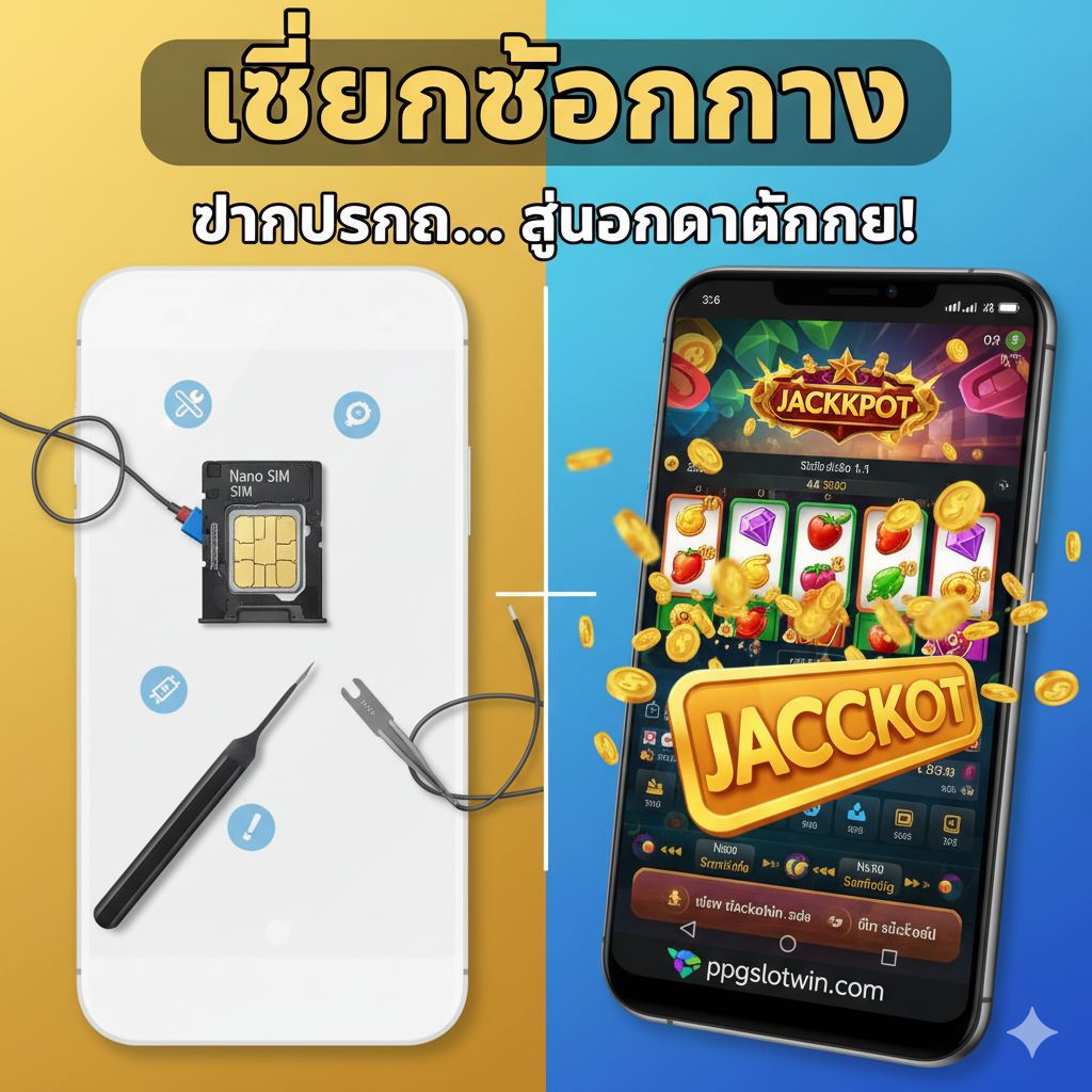 ภาพปกแนวคิด 'การเปลี่ยนช่องทาง' (Changing Slots) ในโทนสีสดใสและมีชีวิตชีวา (สีทอง, เขียว, น้ำเงิน) แบ่งภาพออกเป็นสองส่วนอย่างชัดเจน: ด้านซ้ายแสดงภาพซิมการ์ด (Nano SIM) และถาดซิมของ LG Stylo 4 ที่มีเครื่องมือถอดซิม (Eject Tool) อยู่ข้างๆ ในบรรยากาศที่ดูวุ่นวายหรือมีปัญหาเล็กน้อย ด้านขวาแสดงภาพหน้าจอโทรศัพท์มือถือที่กำลังเล่นเกมสล็อตออนไลน์ที่มีกราฟิกสวยงามและมีเหรียญทองหรือสัญลักษณ์แจ็คพอต (Jackpot) พุ่งออกมาจากหน้าจอ โดยมีโลโก้ 'ppgslotwin.com' ปรากฏอยู่ด้านล่าง เป็นการเปรียบเทียบจาก 'ปัญหา' ไปสู่ 'โอกาสทำเงิน' ด้วยข้อความตัวหนาที่ดึงดูดความสนใจ