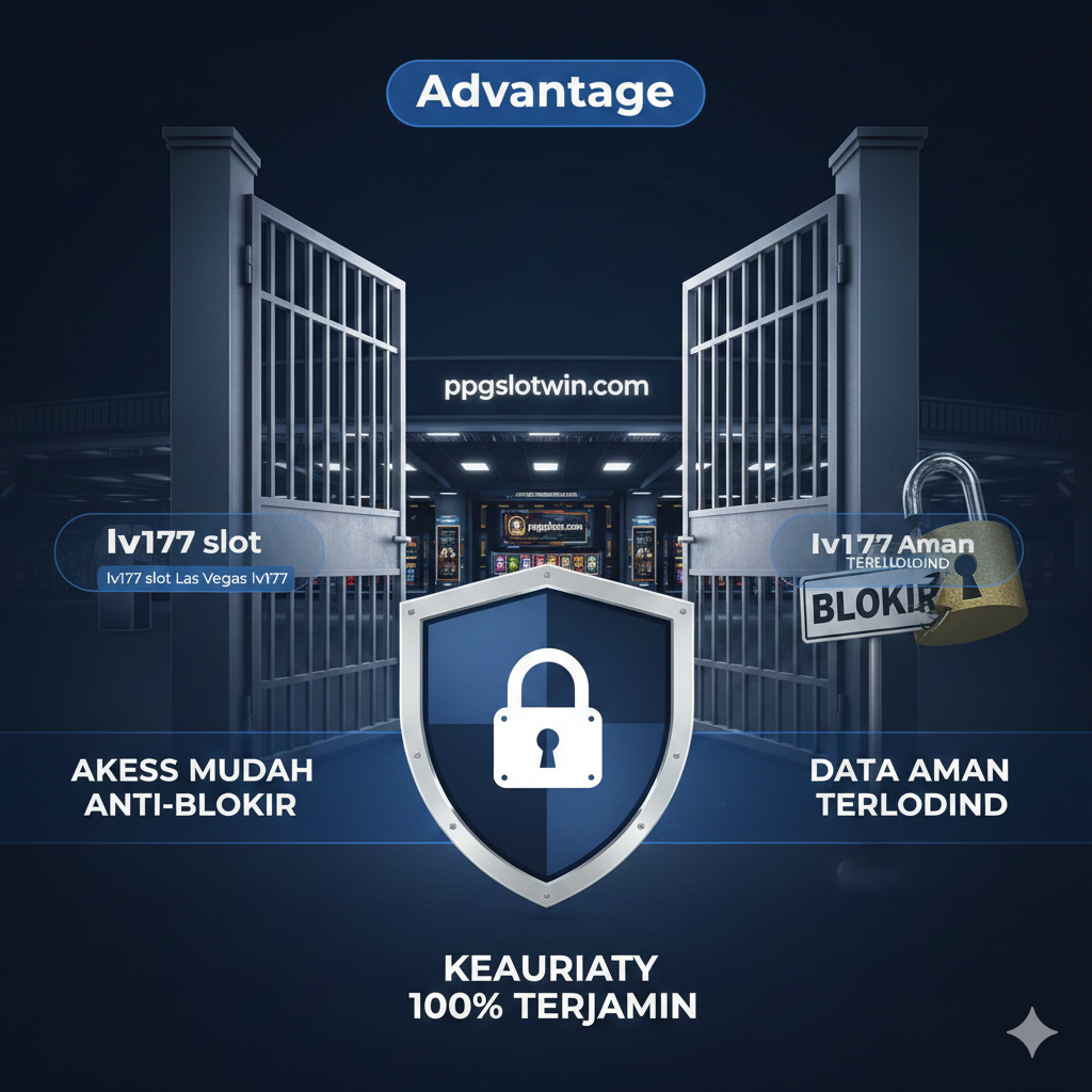 Gambar yang menonjolkan 'Akses Mudah Anti-Blokir' dan 'Keamanan Data'. Komposisi menunjukkan sebuah pintu gerbang kokoh yang terbuka lebar, mengarah ke kasino digital yang aman (mewakili ppgslotwin.com), sementara di luar gerbang terlihat gembok rusak dan tanda 'Blokir' (mewakili masalah akses LV177). Ikon perisai besar diletakkan di tengah, dengan lambang gembok terkunci dan teks 'Keamanan 100% Terjamin'.