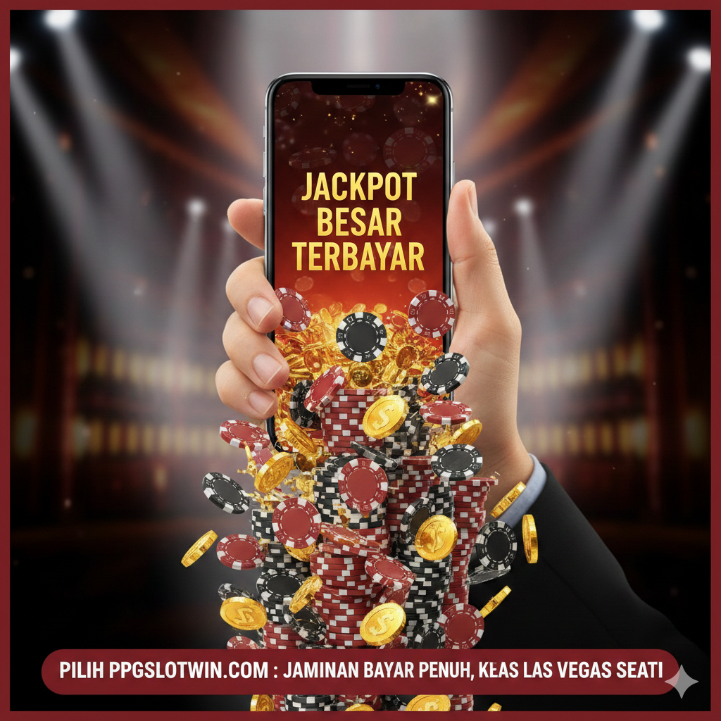 Visual kesimpulan yang berfokus pada hasil: Kemenangan Besar. Gambar menampilkan tangan yang memegang smartphone dengan tampilan 'JACKPOT BESAR TERBAYAR' di layar. Di sekitar smartphone, tumpukan chip kasino dan koin emas mengalir keluar, membentuk kerucut kemenangan. Di bagian bawah, teks final CTA: 'Pilih ppgslotwin.com: Jaminan Bayar Penuh, Kelas Las Vegas Sejati'.