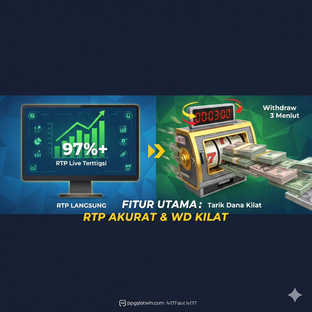 Gambar fungsional yang menyoroti 'RTP Live Tertinggi' dan 'Withdraw 3 Menit'. Desain terbagi dua secara visual. Sisi kiri menampilkan layar monitor dengan grafik batang hijau menanjak dan angka '97%+' (mewakili RTP Live), dikelilingi ikon data dan statistik. Sisi kanan menampilkan tumpukan uang tunai (Rupiah/Dolar) yang ditarik cepat dari mesin slot mini, dengan timer digital menunjukkan '00:03:00' dan panah bergerak cepat. Palet warna cerah (hijau, kuning, biru) untuk kesan dinamis dan efisien. Di tengah, teks kunci 'FITUR UTAMA: RTP AKURAT & WD KILAT'.
