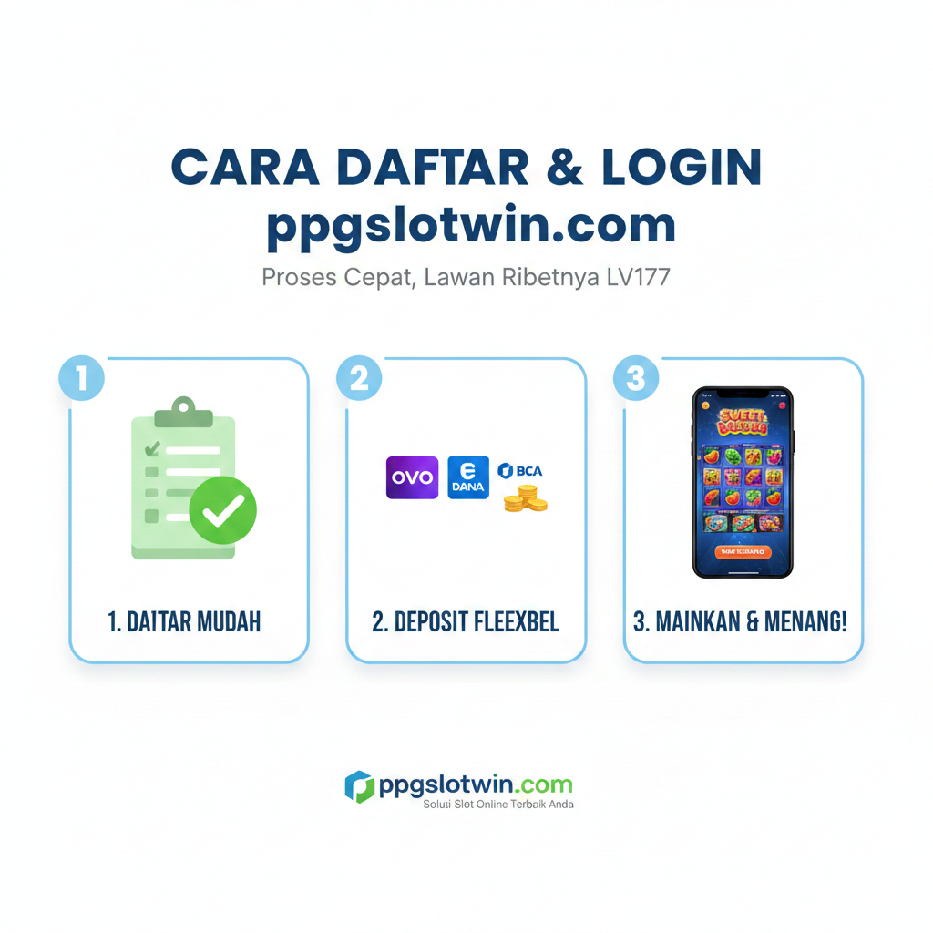 Visual panduan langkah-demi-langkah yang simpel untuk 'Daftar & Login ppgslotwin.com'. Gunakan tiga kotak bernomor (1, 2, 3) pada latar belakang bersih. Kotak 1: Ikon formulir pendaftaran dengan tanda centang. Kotak 2: Ikon E-Wallet dan logo bank (BCA, OVO, Dana) dengan tulisan 'Deposit Fleksibel'. Kotak 3: Gambar layar smartphone yang menampilkan antarmuka game slot populer (misalnya Sweet Bonanza atau Gates of Olympus).