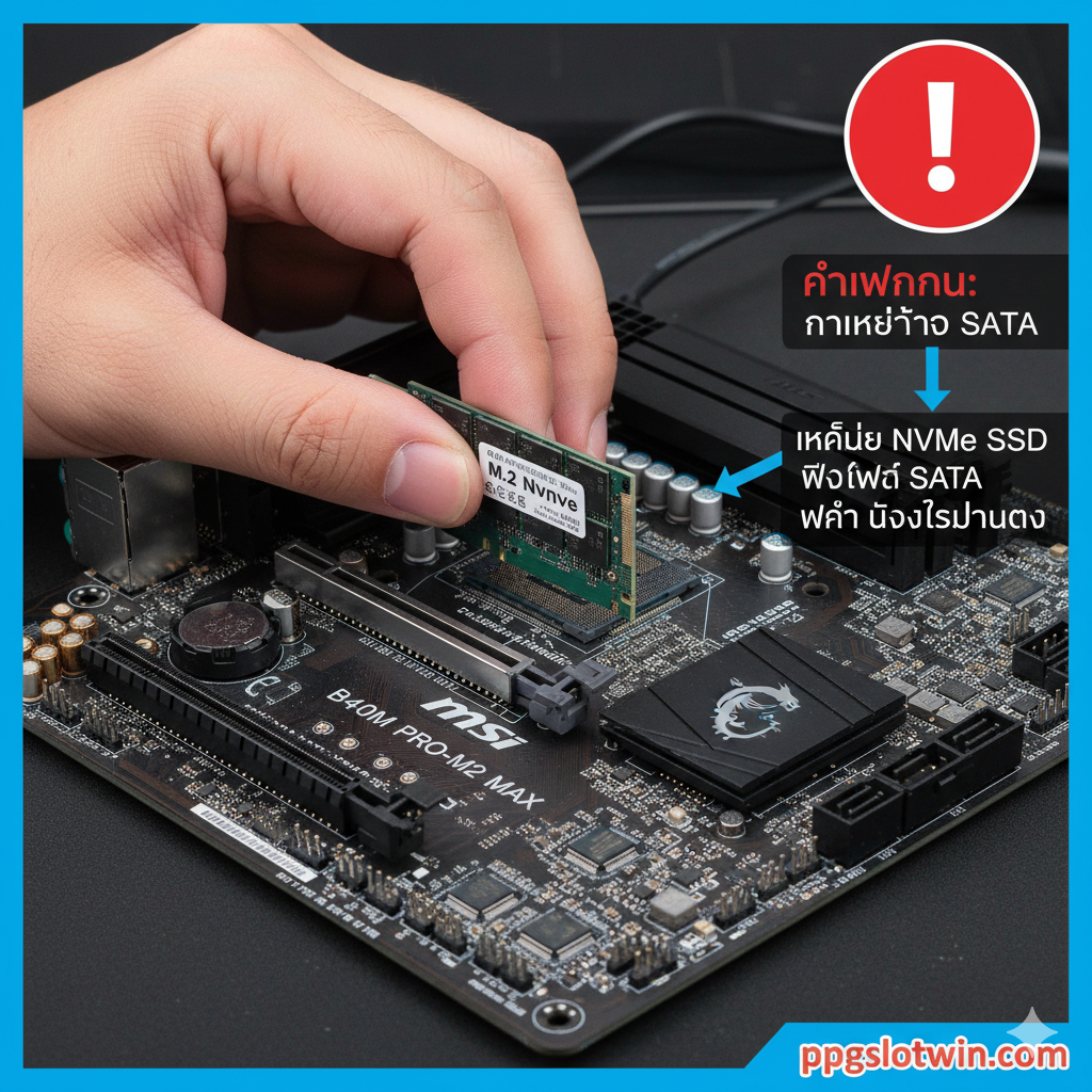 一张关于M.2 SSD安装教程的分解图或步骤图。主画面应展示一只戴着防静电手环的手正在小心翼翼地将M.2 NVMe SSD以30度角插入MSI B450M主板的插槽中。旁边的小窗口หรือ图示用红色的“警告”符号强调“SATA Port Sharing”的问题，并用箭头指示如果使用NVMe SSD，SATA接口依然可用。风格：DIY教程、清晰指导，色彩对比鲜明以突出重点。
