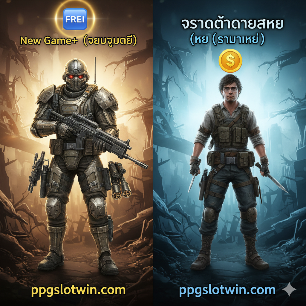 ภาพเปรียบเทียบระหว่างทางเลือกในการสร้างตัวละครใหม่และการใช้ New Game+ เพื่อแสดงข้อได้เปรียบของการไม่ซื้อ Slot ภาพซ้ายแสดงตัวละครเดิมที่สวมใส่เกราะและอาวุธระดับสูง พร้อมข้อความ 'New Game+ (Keep Gear)' ส่วนภาพขวาแสดงตัวละครใหม่เอี่ยมที่เริ่มต้นด้วยอุปกรณ์พื้นฐาน (Naked/Basic Gear) พร้อมข้อความ 'New Character Slot (Start Fresh)' มีการเพิ่มไอคอน 'ฟรี/Free' บน New Game+ และไอคอน 'เหรียญ/Coin' บน New Character Slot เน้นโทนสีสดใสและมีความหวังมากกว่าภาพอื่นๆ เพื่อสื่อถึงทางเลือกที่ดีกว่า