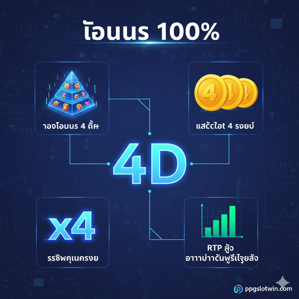 ภาพกราฟิกแสดงคุณสมบัติ '4D Slot' ที่โดดเด่น. ใช้โทนสีฟ้า-น้ำเงิน-ม่วงแบบดิจิทัล. จัดวางองค์ประกอบเป็น 4 ส่วนที่เชื่อมโยงกัน: 1) รอบโบนัส 4 ชั้น (แสดงเป็นปิรามิดรางวัล), 2) แจ็คพอต 4 ระดับ (แสดงเป็นเหรียญทองขนาดใหญ่ที่มีเลข 4), 3) ระบบการคูณรางวัล (Multiplier) 4 เท่า (แสดงเป็นสัญลักษณ์ 'x4' ที่สว่างวาบ), และ 4) อัตรา RTP สูง (แสดงเป็นกราฟแท่งสูงสีเขียว). ภาพรวมควรดูทันสมัย เน้นตัวเลข '4D' และ '100% Bonus' เพื่อสื่อถึงความคุ้มค่าและโอกาส 'แตกง่าย'.