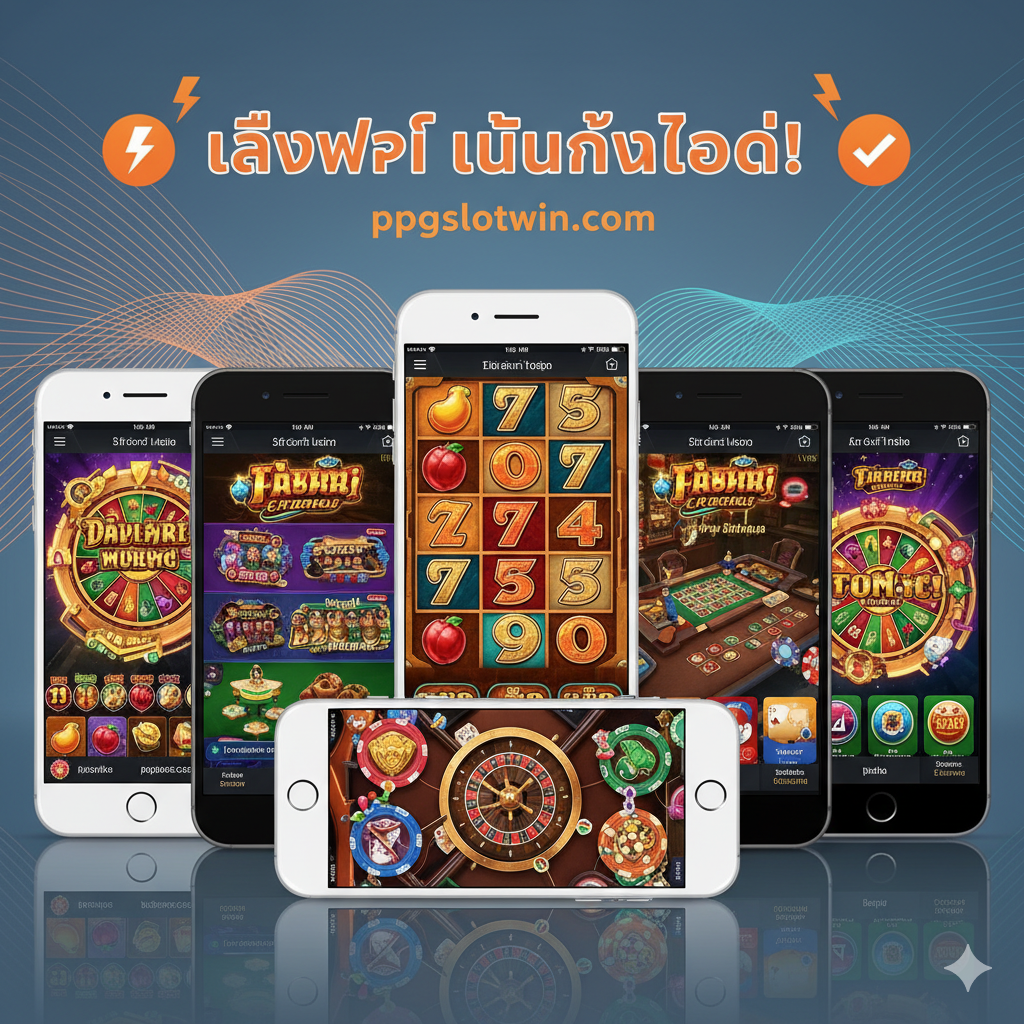 ภาพที่เน้นย้ำถึงความได้เปรียบของการเล่น 'ฟรี' บนมือถือ (free slot mobile no download) แสดงภาพมือถือหลายเครื่อง (ทั้ง iOS และ Android) ที่วางเรียงกัน โดยแต่ละหน้าจอแสดงภาพเกมสล็อตและเกมคาสิโนที่แตกต่างกัน เช่น บาคาร่า และรูเล็ต โดยไม่มีการแสดงไอคอนแอปพลิเคชันใดๆ เพื่อเน้นว่าเป็นการเล่นผ่านเว็บเบราว์เซอร์ (Instant Play) พื้นหลังมีลายกราฟิกเครือข่ายความเร็วสูงเพื่อสื่อถึง 'ความรวดเร็ว' และ 'ไม่ต้องโหลด' ใช้สีส้มและฟ้าอ่อนเพื่อสื่อถึงความสะดวกสบายและนวัตกรรม