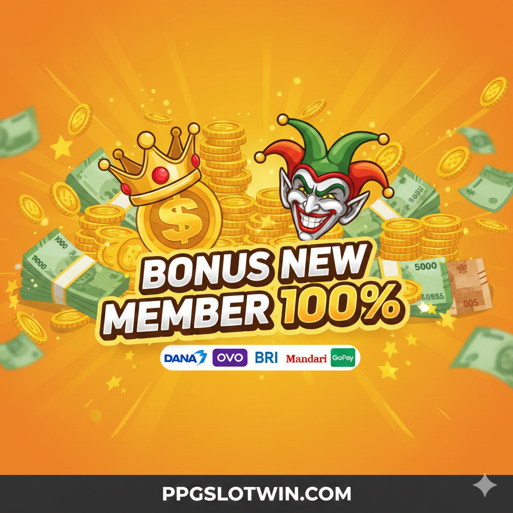 Gambar yang menyoroti keunggulan promosi dan bonus. Dominasi warna cerah seperti oranye dan hijau, dengan latar belakang ilustrasi tumpukan uang atau koin yang sangat besar. Fokus visual adalah teks 'BONUS NEW MEMBER 100%' yang mencolok, dilengkapi ikon E-Wallet (DANA, OVO, GoPay) dan logo Bank (BCA, BRI, Mandiri) kecil. Komposisi harus memancarkan rasa 'keuntungan besar' dan 'kemudahan transaksi' yang menjadi fokus utama fitur agen PPGSLOTWIN.