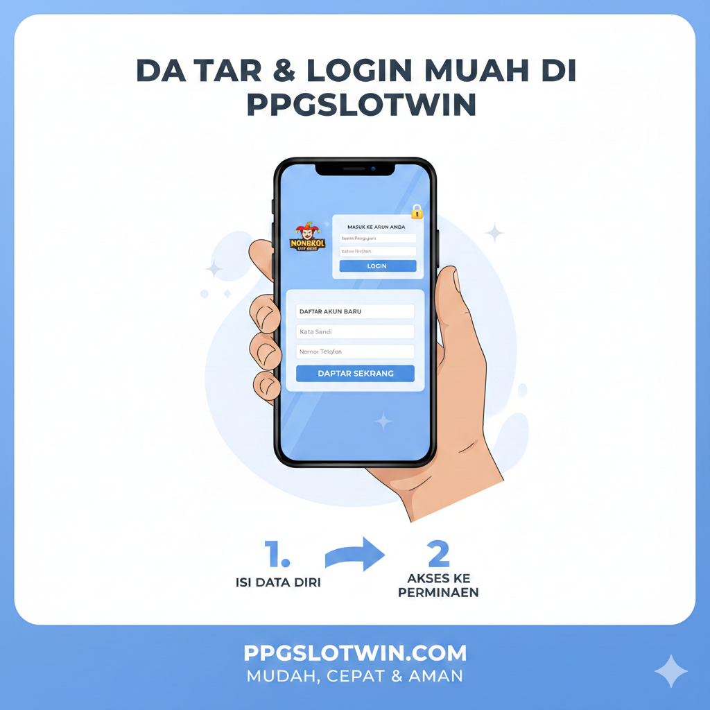 Visual yang memandu proses pendaftaran dan login. Gambar harus memiliki desain yang bersih, menggunakan infografis sederhana. Tampilkan ilustrasi tangan yang sedang mengklik tombol 'Daftar' atau 'Login' pada layar ponsel/desktop yang menampilkan formulir pendaftaran. Gunakan skema warna biru dan putih untuk kesan 'mudah' dan 'aman'. Tambahkan sedikit ikon gembok untuk menekankan keamanan data. Tujuannya adalah meyakinkan pengguna bahwa 'Daftar' dan 'Login' di PPGSLOTWIN itu mudah dan cepat.