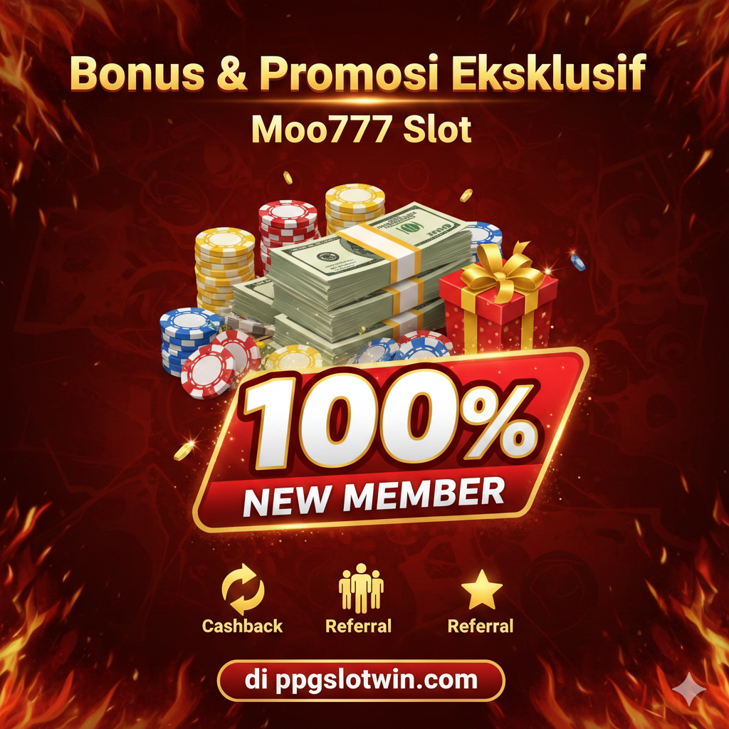 Gambar yang menonjolkan keuntungan dan bonus eksklusif. Desain harus agresif dan menarik, menggunakan palet warna merah, emas, dan hitam. Fokus utama adalah ilustrasi simbol tumpukan uang tunai besar, chip kasino, dan ikon hadiah (gift box) dengan persentase '100% NEW MEMBER' yang sangat besar dan mencolok. Di bawahnya, terdapat ikon-ikon kecil yang mewakili jenis bonus lain: ikon panah berputar (Cashback), dan ikon orang bergandengan (Referral). Teks yang menonjol harus menyebutkan 'Bonus & Promosi Eksklusif Moo777 Slot di ppgslotwin.com' untuk menarik perhatian pemain yang mencari nilai lebih.