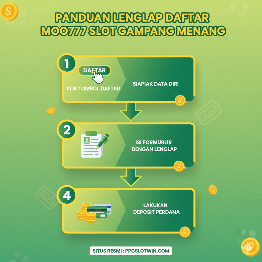 Ilustrasi langkah-langkah pendaftaran akun baru, dirancang untuk menunjukkan proses yang mudah. Gunakan tata letak bergaya 'flowchart' vertikal dengan 4 kotak bernomor. Setiap kotak berisi ikon dan deskripsi singkat: 1. Ikon tangan mengklik tombol DAFTAR, 2. Ikon KTP/data diri (Siapkan Data), 3. Ikon pena dan formulir (Isi Formulir), 4. Ikon koin emas atau kartu bank (Deposit Perdana). Warna hijau cerah dan kuning digunakan untuk menonjolkan 'Gampang Menang'. Komposisi gambar harus berfokus pada kemudahan dan kecepatan, dengan panah yang menghubungkan setiap langkah. Judul utamanya adalah 'Panduan Lengkap Daftar Moo777 Slot Gampang Menang'.