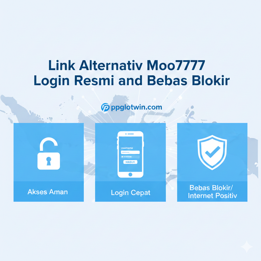Gambar ini bertujuan untuk menunjukkan kemudahan akses dan login. Gaya visual harus bersih dan modern dengan elemen antarmuka pengguna (UI) yang jelas. Komposisi menampilkan tiga tahap dalam bentuk infografis horizontal: 1. Ikon gembok terbuka (Akses Aman), 2. Ikon ponsel pintar dengan form login (Login Cepat), 3. Ikon perisai (Bebas Blokir/Internet Positif). Skema warna biru terang dan putih mendominasi, memberikan kesan profesional dan terpercaya. Di latar belakang, samar-samar terlihat peta Indonesia dengan koneksi jalur data yang melesat ke situs ppgslotwin.com. Judul utama di gambar adalah 'Link Alternatif Moo777 Login Resmi dan Bebas Blokir'.