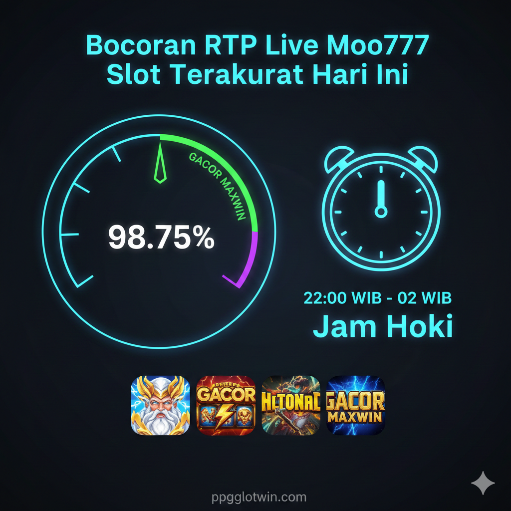 Visual yang berfokus pada informasi RTP Live dan jam hoki. Gaya harus bergaya 'data display' atau 'dashboard' digital, dengan latar belakang gelap dan elemen grafis bercahaya (neon/glow). Gambar menampilkan sebuah meteran besar yang menunjukkan angka '98.75%' (RTP tertinggi) dengan panah menunjuk ke area 'GACOR MAXWIN'. Di samping meteran tersebut, ada ikon jam besar yang menunjukkan waktu '22:00 WIB - 02:00 WIB' sebagai 'Jam Hoki'. Tambahkan ikon slot populer (misalnya, Zeus dari Gates of Olympus) di latar depan. Komposisi harus memberikan kesan akurat, ilmiah, dan informatif. Judul di gambar: 'Bocoran RTP Live Moo777 Slot Terakurat Hari Ini'.