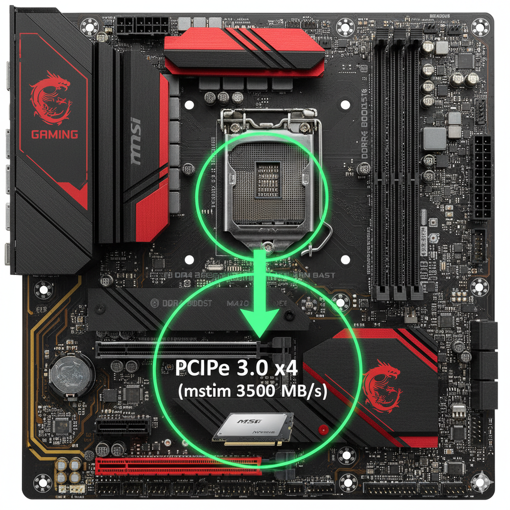 ภาพปกที่สื่อถึงความเร็วสูงและการอัพเกรด องค์ประกอบหลักคือเมนบอร์ด MSI B450 Gaming Plus MAX ที่เห็น M.2 Slot ชัดเจน พร้อมกับ M.2 NVMe SSD เสียบอยู่ มีเอฟเฟกต์แสงสีแดงและสีดำที่เป็นเอกลักษณ์ของ MSI Gaming ล้อมรอบ มีสายฟ้า (lightning bolt) หรือเส้นทางแสงสีฟ้าพุ่งออกจาก M.2 SSD สื่อถึงความเร็วระดับ 'เสี้ยววินาที' และมีไอคอนเล็กๆ ของเกมสล็อตจาก ppgslotwin.com อยู่ในพื้นหลังแบบเบลอ เพื่อเชื่อมโยงกับเนื้อหาเกมมิ่งและเป้าหมายของเว็บไซต์