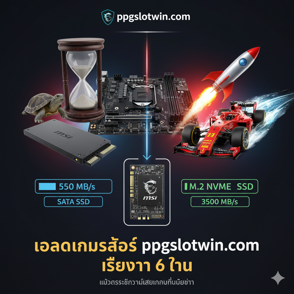 ภาพเปรียบเทียบเชิงสัญลักษณ์ที่แสดงถึงความแตกต่างด้านความเร็วระหว่าง M.2 NVMe กับ SSD SATA 2.5 นิ้ว ด้านซ้ายแสดง SSD SATA ที่มีนาฬิกาทรายหรือเต่า สื่อถึงความช้า ด้านขวาแสดง M.2 NVMe SSD ที่มีจรวดหรือรถแข่งที่มีแสงความเร็วพุ่งออกไปอย่างรวดเร็ว โดยมีกราฟิกแท่งแสดงตัวเลขความเร็วเปรียบเทียบ (เช่น '3500 MB/s' เทียบกับ '550 MB/s') พร้อมข้อความเน้นย้ำถึงการ 'โหลดเข้าเกมสล็อต ppgslotwin.com เร็วกว่า 6 เท่า' เพื่อสื่อถึงประโยชน์โดยตรงต่อผู้เล่นเกม