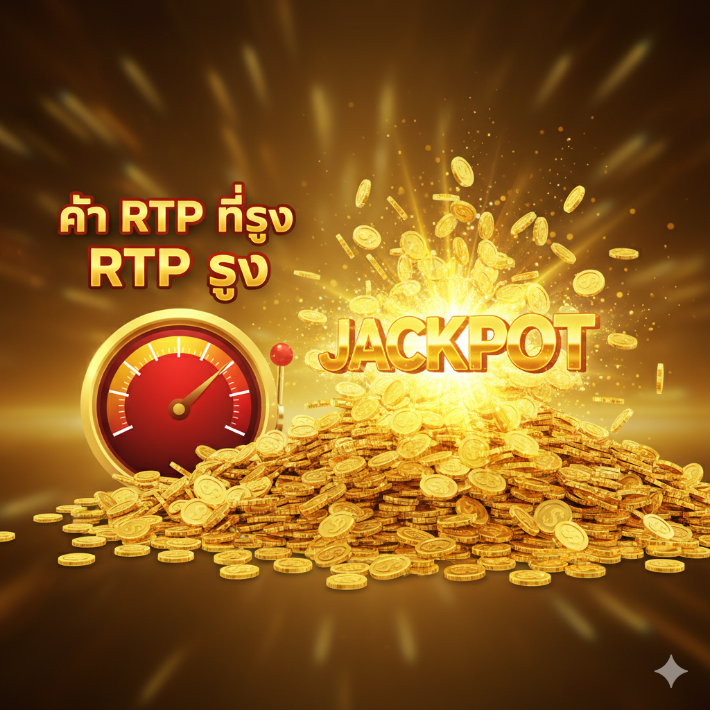 ภาพแสดงกองเหรียญทองขนาดใหญ่และสัญลักษณ์แจ็กพอตที่เปล่งประกาย พร้อมมิเตอร์ที่ชี้ไปที่ 'RTP สูง' เพื่อเน้นย้ำถึงโอกาสในการแตกง่ายและผลตอบแทนที่สูง