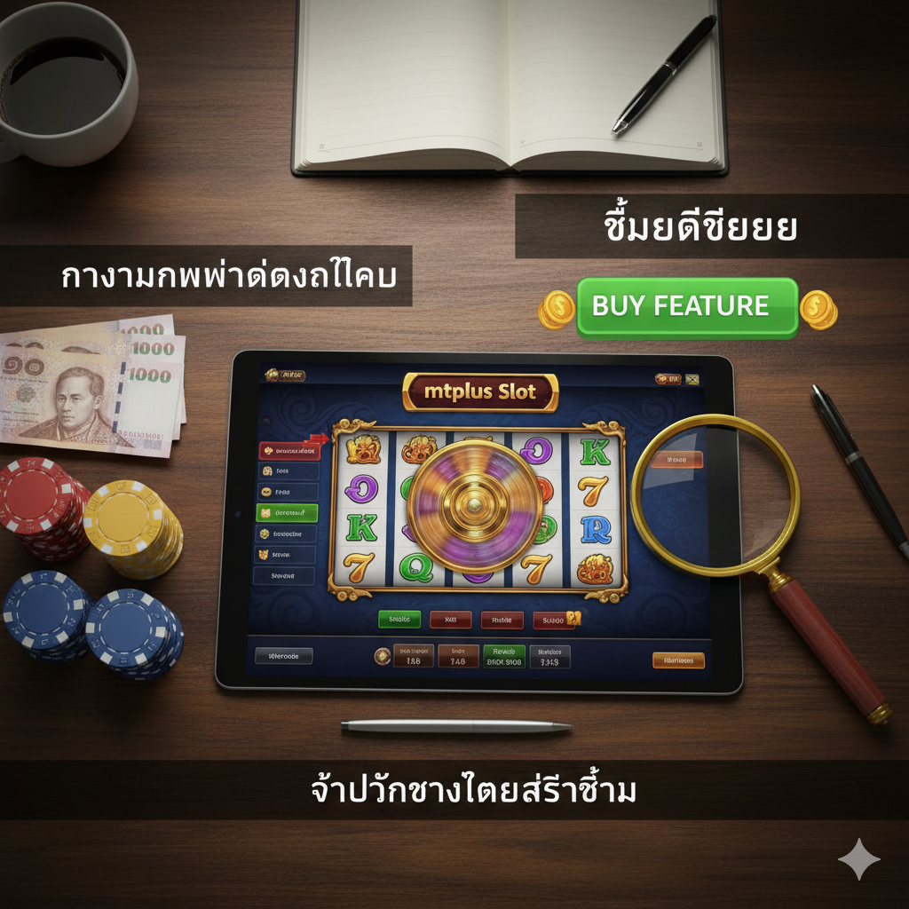 ภาพมุมสูงของโต๊ะที่มีคอมพิวเตอร์กำลังแสดงเกมสล็อต พร้อมสัญลักษณ์ของการจัดการเงิน การจับจังหวะ และฟีเจอร์ซื้อโบนัส เพื่อแสดงถึงกลยุทธ์การเล่นอย่างมืออาชีพ