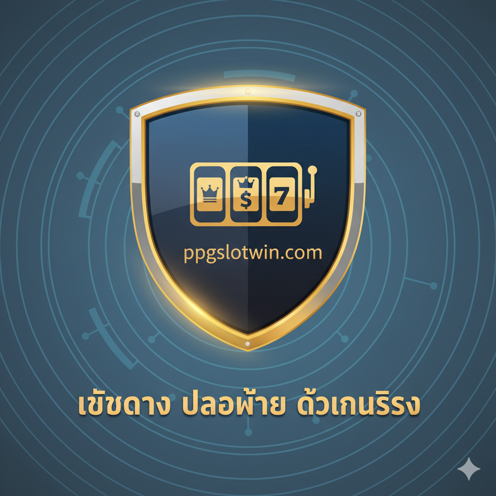 ภาพโลโก้ ppgslotwin บนโล่ความปลอดภัยสีน้ำเงินและทองคำ พร้อมข้อความว่า 'เว็บตรง ปลอดภัย ได้เงินจริง' เพื่อเน้นความน่าเชื่อถือและสถานะการเป็นเว็บตรง