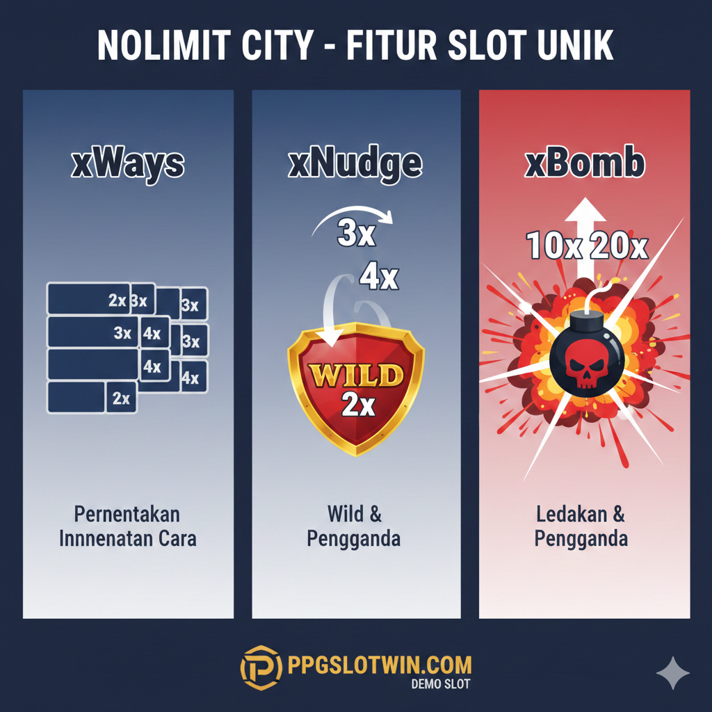 Ilustrasi visual yang fokus menjelaskan fitur unik Nolimit City: xWays, xNudge, dan xBomb. Bagi gambar menjadi tiga bagian visual yang jelas. Bagian pertama menunjukkan simbol xWays yang terbelah. Bagian kedua menunjukkan simbol Wild dengan Multiplier yang sedang 'nudge' ke bawah, meningkatkan angka pengganda. Bagian ketiga menunjukkan simbol xBomb yang meledak dengan efek api/asap dan panah ke atas yang menunjukkan Multiplier yang meningkat. Skema warna teknis (biru tua, merah, dan putih) dengan teks penjelasan kecil di bawah setiap fitur. Penekanan visual pada peningkatan potensi kemenangan.