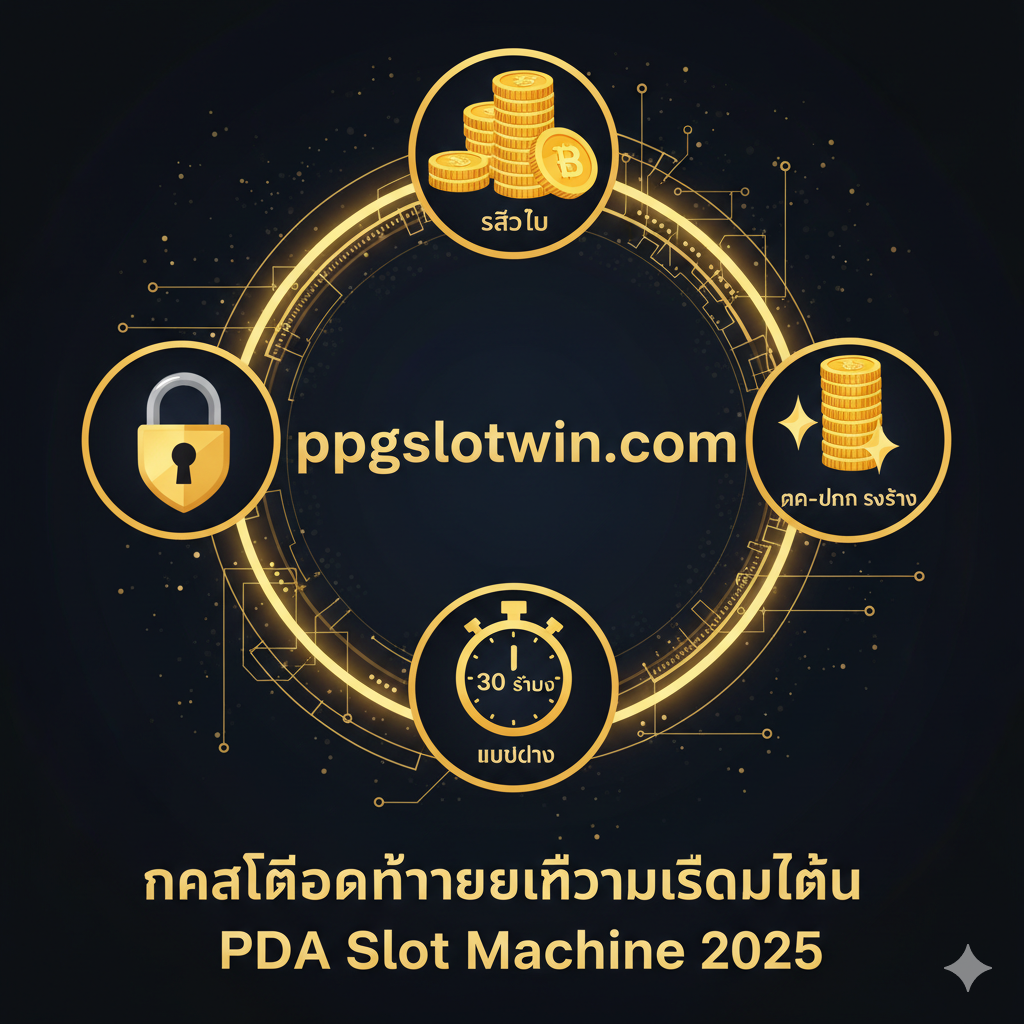 ภาพสรุปที่สร้างความน่าเชื่อถือ แสดงองค์ประกอบที่สื่อถึง 'เว็บตรง', 'ความมั่นคงทางการเงิน', และ 'ความปลอดภัย' โดยมีโลโก้ ppgslotwin อยู่ตรงกลาง ล้อมรอบด้วยไอคอนที่เกี่ยวข้อง เช่น กุญแจล็อค (ความปลอดภัย), เหรียญทองคำกองโต (ความมั่นคง), และนาฬิกาจับเวลาที่มีข้อความ '30 วินาที' (ฝาก-ถอนรวดเร็ว) ใช้โทนสีทองและดำที่ดูหรูหราและมั่นคง แสดงถึงการเป็นแพลตฟอร์มที่น่าเชื่อถือที่สุดสำหรับ 'PDA Slot Machine' ในปี 2025