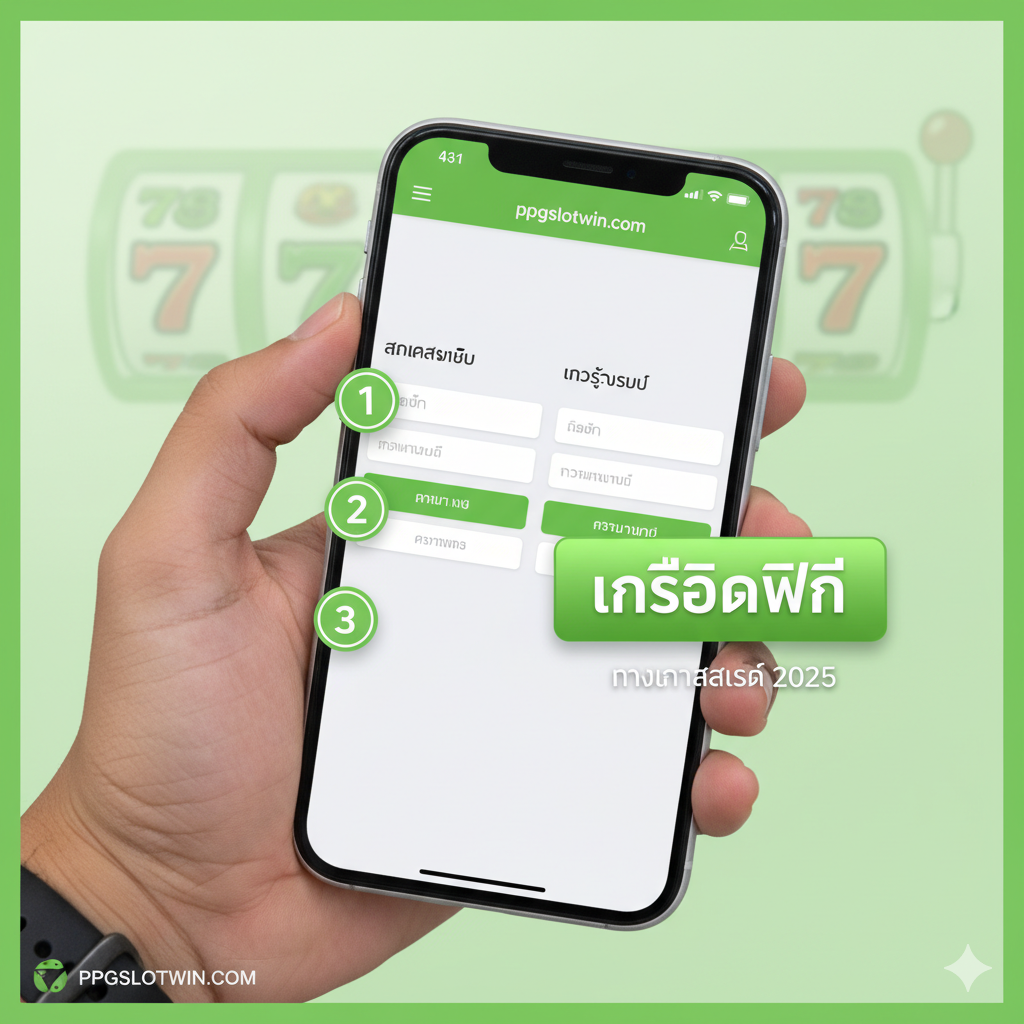 ภาพประกอบส่วน 'ทางเข้าและวิธีการสมัคร' โดยเน้นที่การใช้งานบนมือถือ แสดงภาพมือที่กำลังถือสมาร์ทโฟน (iOS หรือ Android) ที่หน้าจอแสดงขั้นตอนการ 'สมัครสมาชิก' และ 'เข้าสู่ระบบ' ของ ppgslotwin.com โดยมีปุ่ม CTA ขนาดใหญ่ที่เน้นคำว่า 'เครดิตฟรี' อยู่ในเฟรมด้านข้างของโทรศัพท์ ใช้โทนสีเขียวสว่างและขาวเพื่อสื่อถึงความปลอดภัยและความสดใหม่ของ 'ทางเข้าล่าสุด 2025' มีลูกศรชี้ขั้นตอนง่ายๆ 1-2-3 เพื่อความเป็นระเบียบ