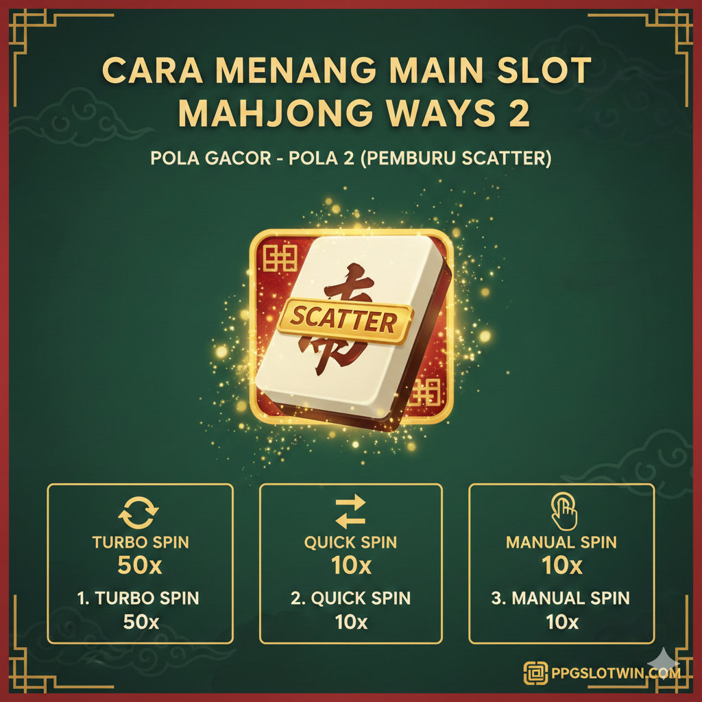 Visualisasi langkah-langkah Pola Gacor, khususnya Pola 2 (Pemburu Scatter). Tiga panel kecil atau kotak urutan yang menampilkan ikon-ikon yang mewakili tahapan spin: 1) Ikon Spin Turbo 50x, 2) Ikon Quick Spin 10x, 3) Ikon Manual Spin 10x. Di tengah, letakkan gambar besar simbol Scatter (ikon tulisan 'Scatter') Mahjong Ways 2 yang sedang dikelilingi aura kemenangan, menunjukkan hasil dari pola tersebut. Gunakan warna dominan hijau giok dan merah untuk nuansa Asia, dengan instruksi teks ringkas di setiap ikon tahap. Pastikan logo PPGSLOTWIN terlihat kecil di salah satu sudut sebagai sumber pola.