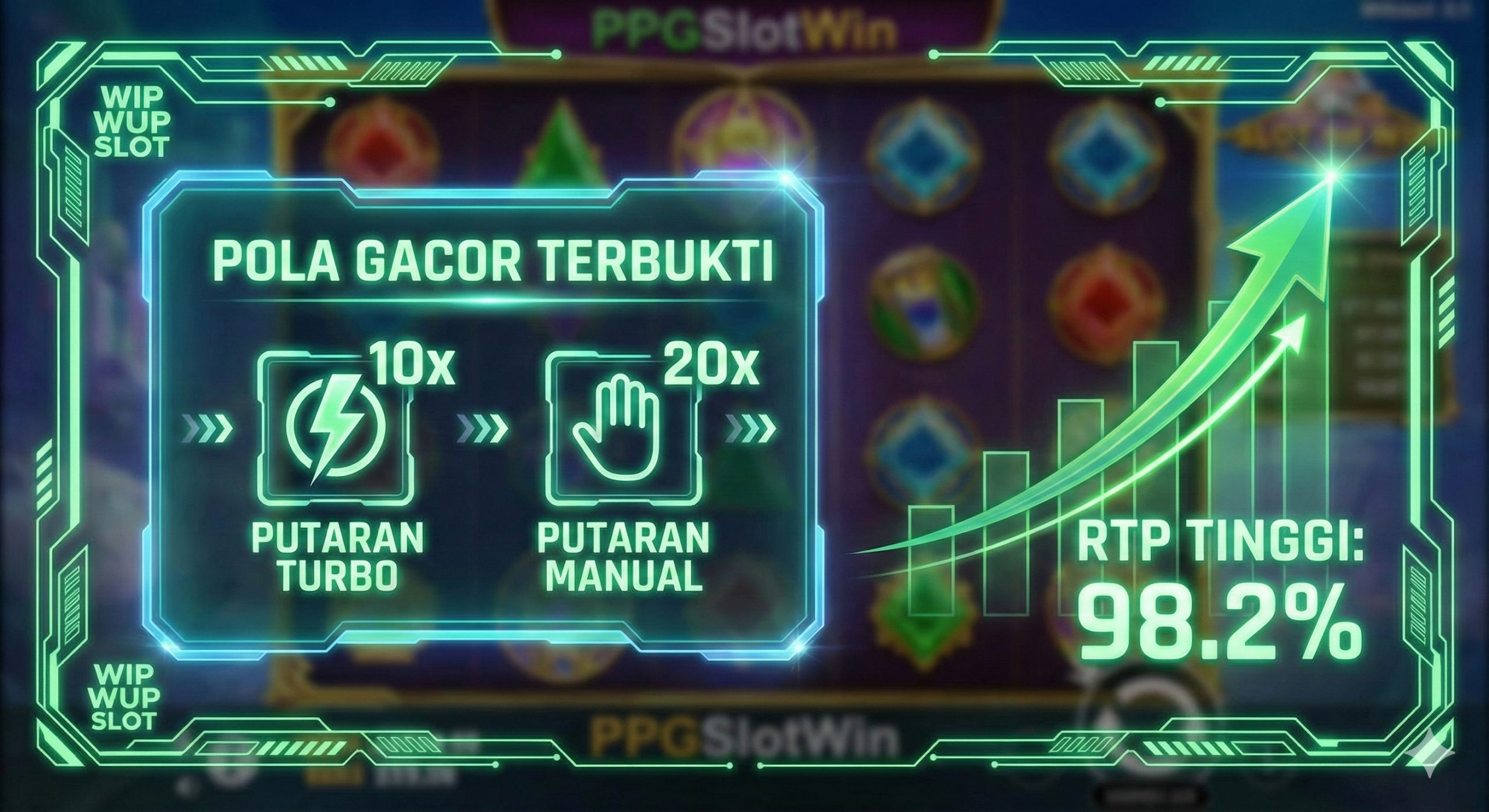 一张直观的策略教程图，背景是模糊的PPGSlotWin游戏界面。前景使用全息风格的UI元素展示“Pola Gacor”（必胜模式）：包含“Turbo Spin”、“Manual Spin”的图标以及具体的次数设置。旁边有一个上升的绿色箭头图表，显示RTP高达98.2%。视觉风格科技感与魔法感结合，霓虹绿和蓝色的高光引导玩家视线，清晰易懂。