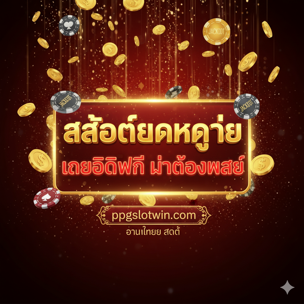 A visually luxurious and exciting image emphasizing the platform's advantages like high Win Rate and special promotions. The background is a cascade of gold coins, casino chips, and glittering jackpot symbols, signifying wealth and wealth opportunity. A focal point should be a banner or glowing text box prominently showcasing key selling points in Thai, such as 'สล็อตแตกง่าย' (Easy-to-Break Slots) and 'เครดิตฟรี ไม่ต้องแชร์' (Free Credit No Share), using celebratory and attention-grabbing fonts. The color scheme relies heavily on deep reds, vibrant golds, and black shadows, creating a premium casino atmosphere that promises high returns and lucrative bonuses for players.