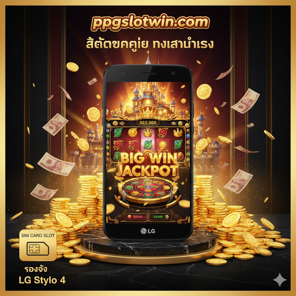 ภาพแสดง 'ข้อดี' ของการเล่นสล็อตที่ ppgslotwin.com ในมุมมองที่ดึงดูดใจและหรูหรา (โทนสีทอง, ดำ, แดง) เน้นไปที่ 'ความมั่นคง' และ 'ผลตอบแทน' ภาพมีโลโก้ ppgslotwin.com เป็นจุดเด่น พร้อมฉากหลังของเกมสล็อตที่สวยงาม มีสัญลักษณ์ 'Jackpot' หรือ 'Big Win' ปรากฏขนาดใหญ่ มีกองเหรียญทองกองโต หรือธนบัตรเงินที่ลอยอยู่รอบๆ โทรศัพท์มือถือ LG Stylo 4 ที่แสดงหน้าจอเกมอย่างสมบูรณ์แบบ เพื่อสื่อถึง 'เกมสล็อตแตกง่าย' และ 'ทางเข้าที่มั่นคง' อย่างชัดเจน องค์ประกอบภาพต้องสร้างความรู้สึกถึงโอกาสในการทำเงินที่ง่ายและน่าตื่นเต้น