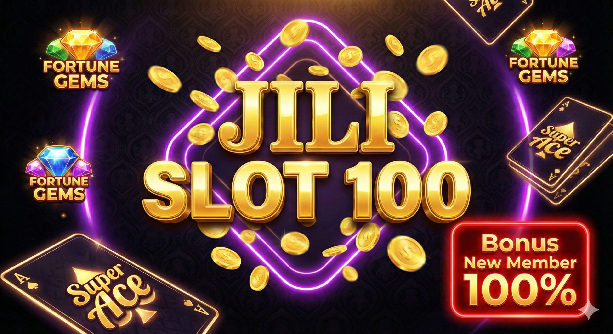 Desain sampul artikel yang mewah dan energik dengan tema kasino digital premium. Di tengah gambar, teks 3D emas mengkilap bertuliskan 'JILI SLOT 100' dikelilingi oleh koin emas yang berhamburan dan efek cahaya neon ungu. Latar belakang menampilkan elemen visual ikonik dari game Jili seperti kartu Super Ace dan permata Fortune Gems. Di sudut, terdapat lencana 'Bonus New Member 100%' yang mencolok dengan warna merah terang. Gaya visual realistik dengan pencahayaan sinematik yang dramatis, dirancang untuk menarik perhatian pemain slot Indonesia di ppgslotwin.