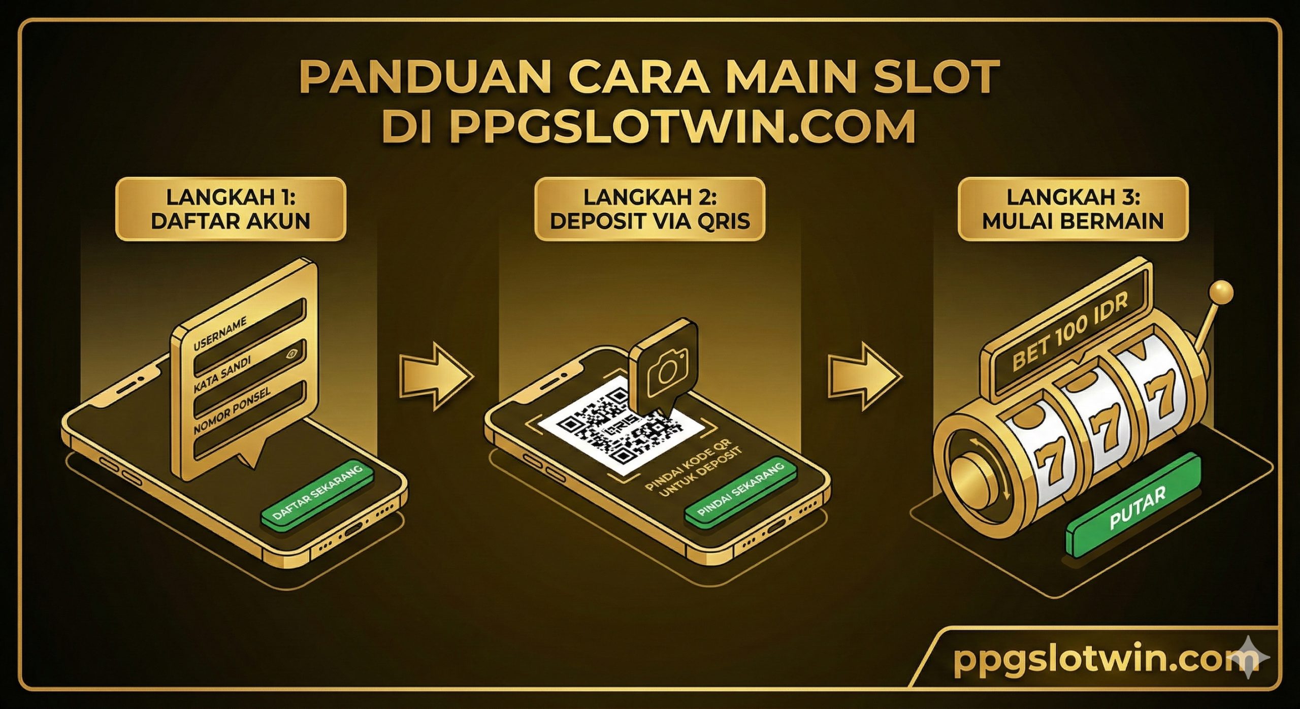 A grand finale image featuring a 3D golden shield emblem with 'PPGSlotWin' and 'Trusted 2025' engraved on it. The background is a festive explosion of confetti and streamers in red and white (Indonesian flag colors) mixed with gold. A 'Join Now' button graphic is integrated at the bottom. The lighting is warm and triumphant, designed to build trust and encourage the user to take the final step of registering.