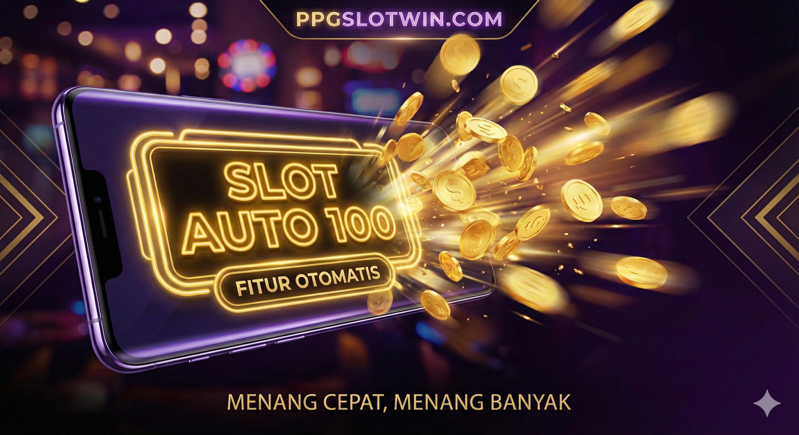A high-energy, cinematic 3D illustration featuring a futuristic smartphone displaying a slot machine interface with the text 'Slot Auto 100' glowing in neon gold. Gold coins are exploding outward from the screen, creating a dynamic motion blur effect. The background is a luxurious dark purple and black gradient with subtle casino light bokeh. The image focuses on the excitement of winning and the efficiency of the auto feature, specifically designed for the PPGSlotWin brand identity.