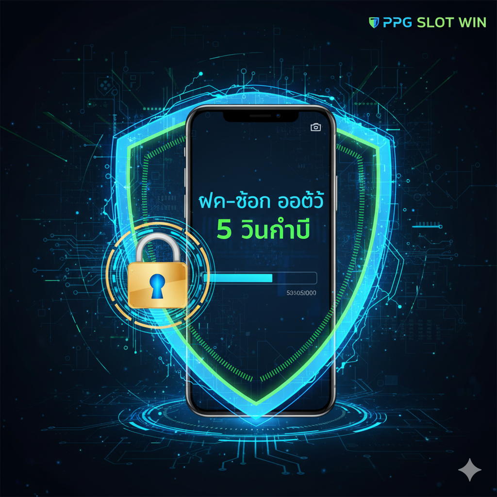 An illustration focused on the PPG SLOT WIN secure auto-transaction feature. The central element is a smartphone screen displaying a fast, automated transaction in progress or completed, with a notification like 'ฝาก-ถอน ออโต้ 5 วินาที' (Auto Deposit-Withdrawal 5 Seconds). The screen is encased in a futuristic, protective shield or ring made of digital data streams and glowing lines. A prominent, gold-rimmed digital padlock icon is positioned near the screen, emphasizing the high-level encryption and security. The color palette should use neon blue, electric green, and gold against a dark, tech-focused background, conveying speed, reliability, and security in a fast-paced digital environment.