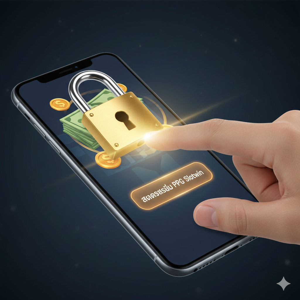 A powerful, concluding Call-to-Action image that visually summarizes the intent shift: from a physical lock to locking financial gains. A hand is featured prominently, hovering over or pressing a large, glowing button on a mobile phone screen labeled 'สมัครสมาชิก PPG Slotwin' (Sign Up PPG Slotwin). The most crucial element is a stylized, heavy, and polished gold padlock icon that is symbolically 'locking' around a virtual stack of cash or a dollar sign/Thai Baht symbol on the screen. The focus is sharp on the hand and the lock/money elements, with a slight depth-of-field effect in the background, conveying urgency and the tangible security of financial gain achieved through the platform.
