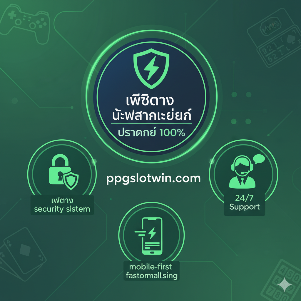 ภาพแสดงความน่าเชื่อถือและข้อได้เปรียบของ ppgslotwin.com. โทนสีเขียวและน้ำเงินเพื่อสื่อถึงความปลอดภัยและความมั่นคง. องค์ประกอบหลักคือตราสัญลักษณ์ความน่าเชื่อถือ (Trust Badge) ขนาดใหญ่ พร้อมคำว่า 'เว็บตรง ไม่ผ่านเอเย่นต์' และ 'ปลอดภัย 100%'. ล้อมรอบด้วยไอคอนของฟีเจอร์เด่น: 1) ระบบรักษาความปลอดภัยแบบแม่กุญแจ, 2) โทรศัพท์มือถือที่แสดง UI ที่โหลดเร็ว (Mobile-First), 3) ตัวแทนบริการลูกค้า (24/7 Support) ที่กำลังให้ความช่วยเหลือ. ภาพควรให้ความรู้สึกเชื่อมั่นและเป็นมืออาชีพ.