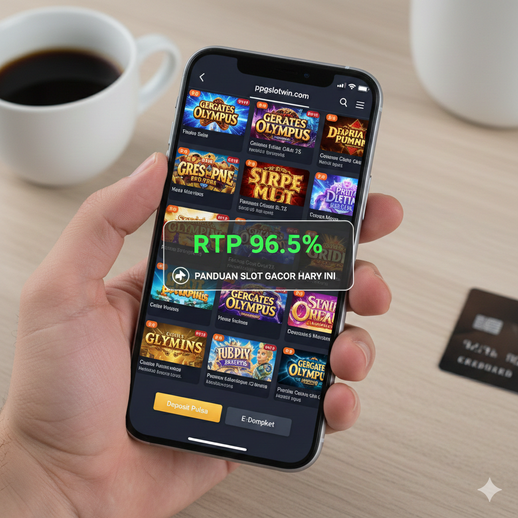Sebuah tangan memegang smartphone dalam mode landscape, menampilkan antarmuka lobi game slot online di ppgslotwin.com (atau simulasi lobi) dengan beberapa thumbnail game populer (seperti Gates of Olympus atau Starlight Princess). Fokusnya adalah pada kemudahan akses. Di latar belakang layar, tunjukkan overlay persentase 'RTP 96.5%' yang transparan atau ikon yang menyoroti fitur 'RTP Slot Gacor Hari Ini' untuk menunjukkan tutorial menemukan game RTP tinggi secara online. Pencahayaan cerah dan modern, menekankan mobilitas dan kemudahan bertransaksi (Deposit Pulsa/E-Wallet).
