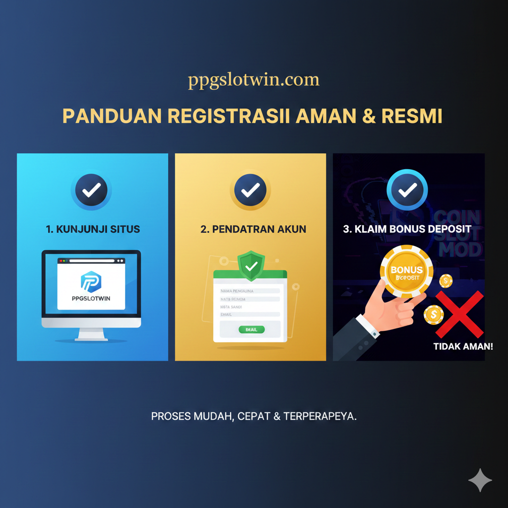 Visual tutorial yang menekankan keamanan dan langkah-langkah resmi. Tampilkan alur pendaftaran yang jelas di situs PPGSLOTWIN. Komposisi harus berupa tiga langkah sederhana: 1. Ikon Kunjungi Situs (Browser dengan logo PPGSLOTWIN), 2. Ikon Pendaftaran (Formulir dengan tanda centang hijau), 3. Ikon Klaim Bonus (Tangan memegang chip besar dengan label 'Bonus Deposit'). Latar belakang harus cerah, profesional, dan tepercaya (biru atau emas), kontras dengan bagian MOD yang gelap. 