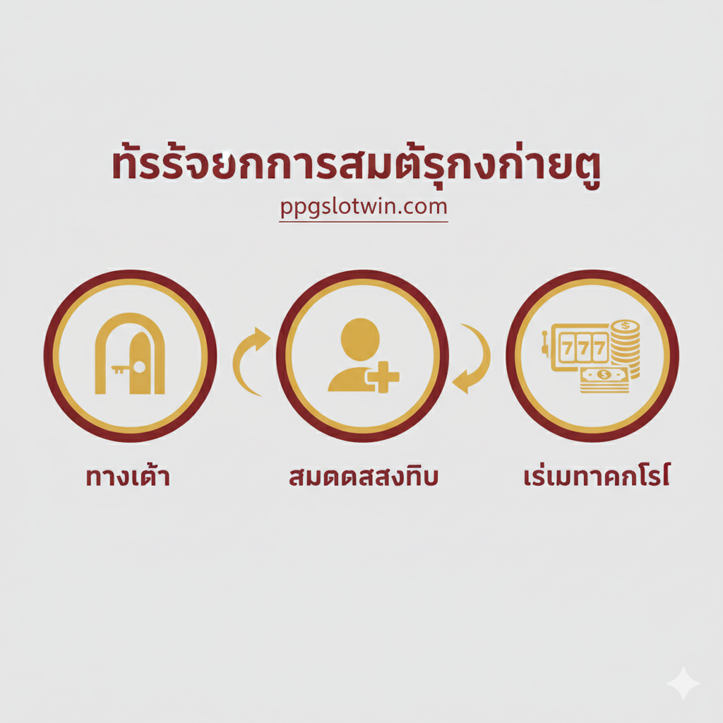 A clean, easy-to-follow infographic outlining the three key steps for new users. The composition should use a horizontal flow with three distinct, connected panels or circles: 1. A stylized door/gate icon labeled 'ทางเข้า' (Entrance), 2. A user profile icon with a plus sign labeled 'สมัครสมาชิก' (Sign Up), and 3. A stylized, spinning slot reel or a stack of money labeled 'เริ่มทำกำไร' (Start Profit). Use clear, bold Thai typography for the labels. The overall aesthetic is minimalist with a white or light gray background, utilizing the brand's main colors (e.g., gold and deep red) for the action icons and connecting arrows to effectively guide the user through the high-intent action steps.