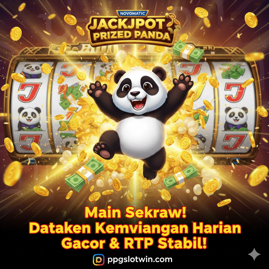 Sebuah gambar kesimpulan yang merayakan kemenangan. Tampilkan layar splash 'BIG WIN' atau 'JACKPOT' dari Prized Panda Slot. Panda utama harus terlihat gembira dan antusias, dikelilingi oleh hujan deras koin emas dan uang tunai. Komposisi harus dinamis dan penuh energi, dengan fokus pada nilai hiburan dan potensi kemenangan dari game Novomatic ini. Sertakan teks singkat yang memotivasi seperti 'Main Sekarang! Dapatkan Kemenangan Harian Gacor & RTP Stabil!' dalam font yang tebal dan mencolok, berfungsi sebagai ajakan bertindak yang kuat.