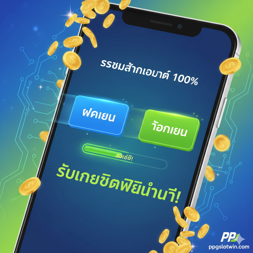 An image illustrating the '100% Auto System' and 'Free Credit' features. The central element is a close-up of a smartphone screen (Android/iOS view) showing a simplified 'Deposit/Withdrawal' interface with two large, glowing buttons labeled in Thai, emphasizing speed and automation (e.g., a fast-moving progress bar or a glowing green 'Success' notification). A cascade of gold coins and the Thai text 'รับเครดิตฟรีทันที' (Get Free Credit Immediately) should frame the screen, symbolizing the bonus and instant transaction. The background should be clean, high-tech blue/green to convey trust and modern technology. The tone is secure and rapid.