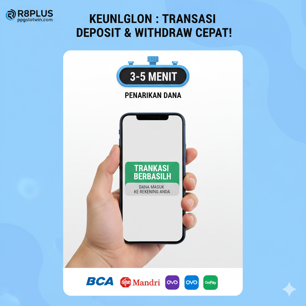 Gambar fungsional yang berfokus pada proses 'r8plus daftar' dan 'r8plus login'. Desain harus berupa infografis sederhana dan bersih dengan latar belakang cerah. Gunakan dua panel terpisah: satu panel bertuliskan 'DAFTAR' (Daftar/Register) dan panel lain bertuliskan 'LOGIN' (Masuk). Panel 'DAFTAR' harus menampilkan ikon formulir atau pena, dengan panah yang mengarah ke tombol 'SUBMIT'. Panel 'LOGIN' harus menampilkan ikon kunci atau gembok dengan kolom username/password virtual. Gunakan warna hijau dan biru yang kontras untuk setiap panel untuk memudahkan pembedaan. Di bawah kedua panel, letakkan logo ppgslotwin.com sebagai penyedia resmi. Sertakan teks kecil 'Hanya 3 Menit!' untuk menekankan kecepatan proses.