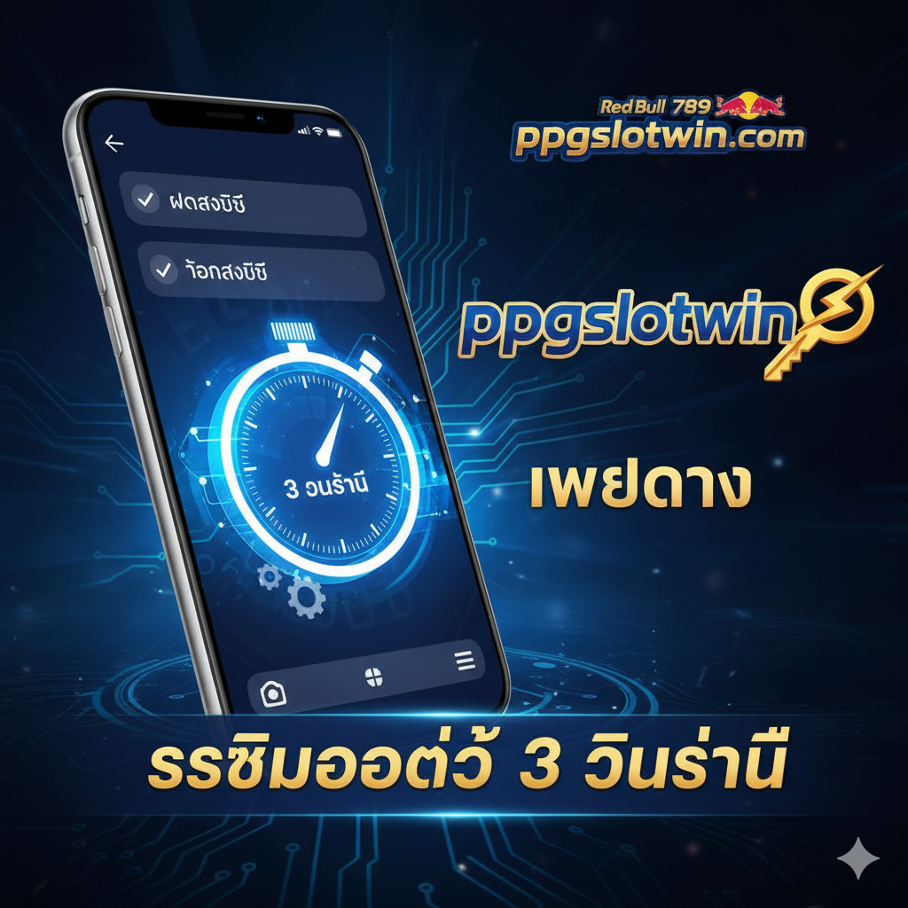 ภาพแสดงคุณสมบัติ 'ระบบออโต้' โดยเน้นที่ 'ฝาก-ถอน 3 วินาที' และ 'เว็บตรง' หน้าจอสมาร์ทโฟนแสดงการแจ้งเตือน 'ฝากสำเร็จ' และ 'ถอนสำเร็จ' พร้อมกับนาฬิกาจับเวลาที่ชี้ไปที่ '3 วินาที' ด้านข้างมีโลโก้ ppgslotwin.com และสัญลักษณ์สายฟ้าสีทอง เน้นย้ำถึงความรวดเร็วและความปลอดภัย
