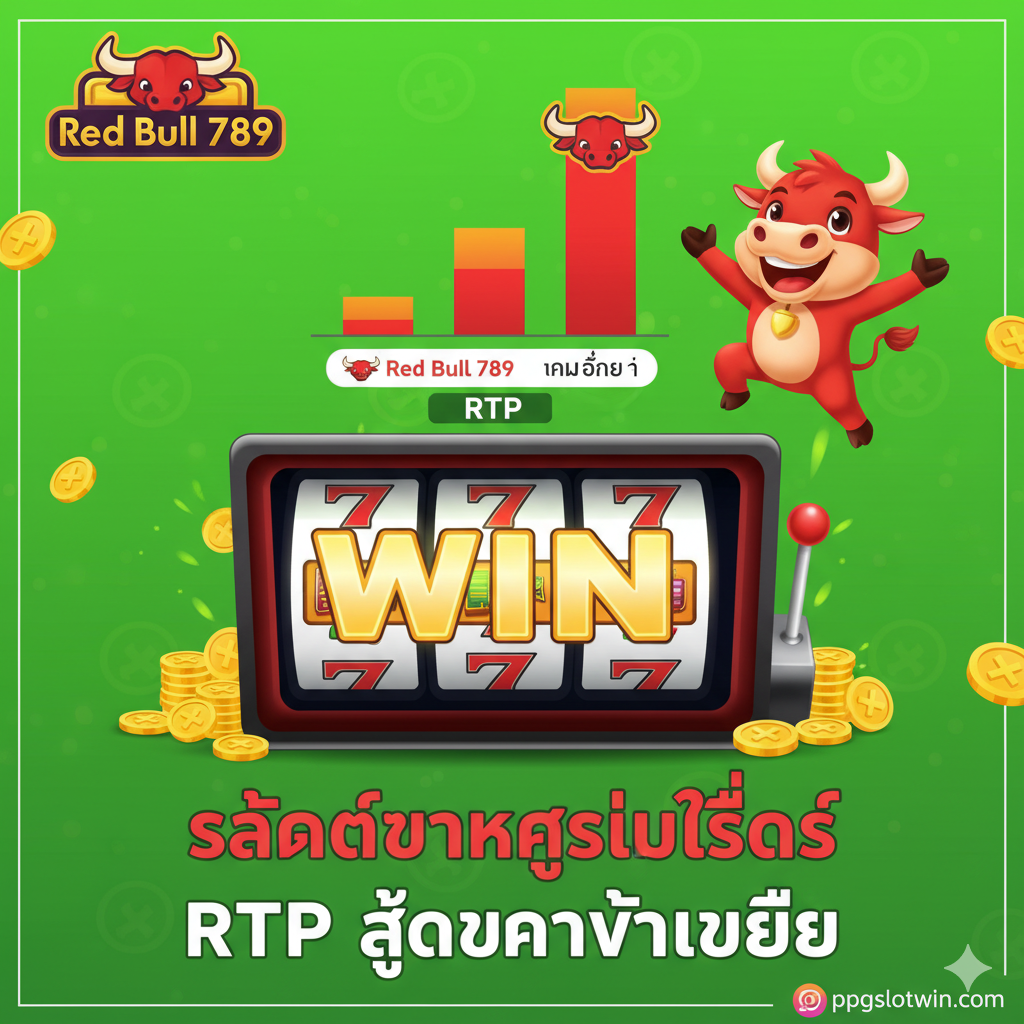 ภาพอินโฟกราฟิกแสดงข้อได้เปรียบโดยเน้นที่ 'RTP สูง' และ 'แตกง่าย' สล็อตแมชชีนขนาดใหญ่ตรงกลางสว่างด้วยคำว่า 'WIN' แผนภูมิแท่งแสดงให้เห็นว่า 'RTP' ของ Red Bull 789 สูงกว่าเกมอื่นอย่างชัดเจน มีตัวการ์ตูนวัวกระทิงที่กำลังเฉลิมฉลอง ข้อความด้านล่างระบุว่า 'สล็อตแตกง่ายที่สุด' และ 'RTP สูงกว่าค่าเฉลี่ย'