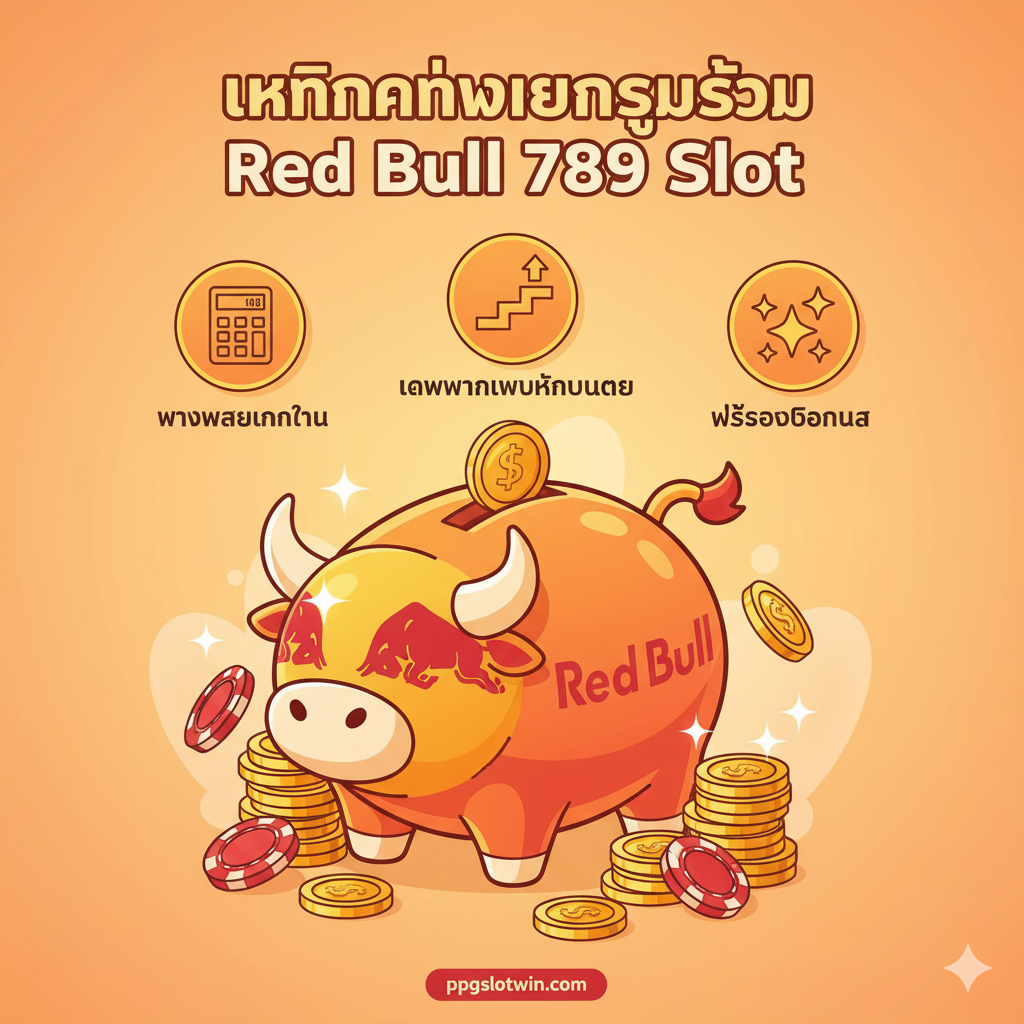 ภาพประกอบสไตล์ภาพวาดแสดง 'กลยุทธ์/วิธีการเล่น' เพื่อทำกำไรจาก Red Bull 789 องค์ประกอบหลักคือกระปุกออมสินรูปวัวที่มีเหรียญทองและชิปกระจายอยู่รอบ ๆ ด้านบนมีไอคอนที่แสดงขั้นตอนกลยุทธ์ 3 ขั้นตอน: '1. วางแผนเงินทุน' (พร้อมสัญลักษณ์เครื่องคิดเลข), '2. เดินเงินแบบขั้นบันได' (พร้อมลูกศรขึ้นบันได), และ '3. ใช้ประโยชน์จากรอบโบนัส' (พร้อมดาวประกาย)